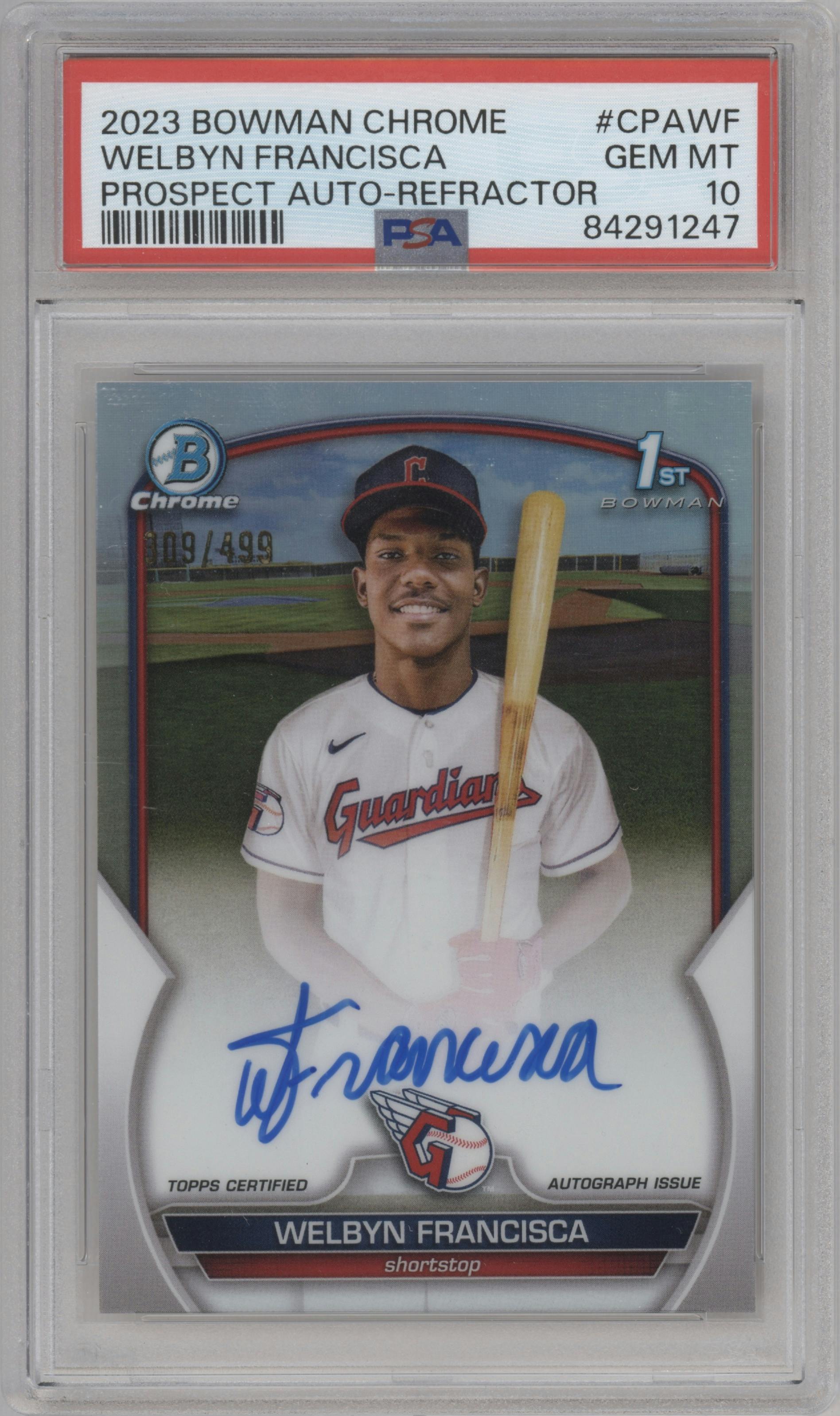 Welbyn Francisca from the 2023 Bowman Chrome set featuring a Refractor parallel graded by PSA and given an overall grade of 10.