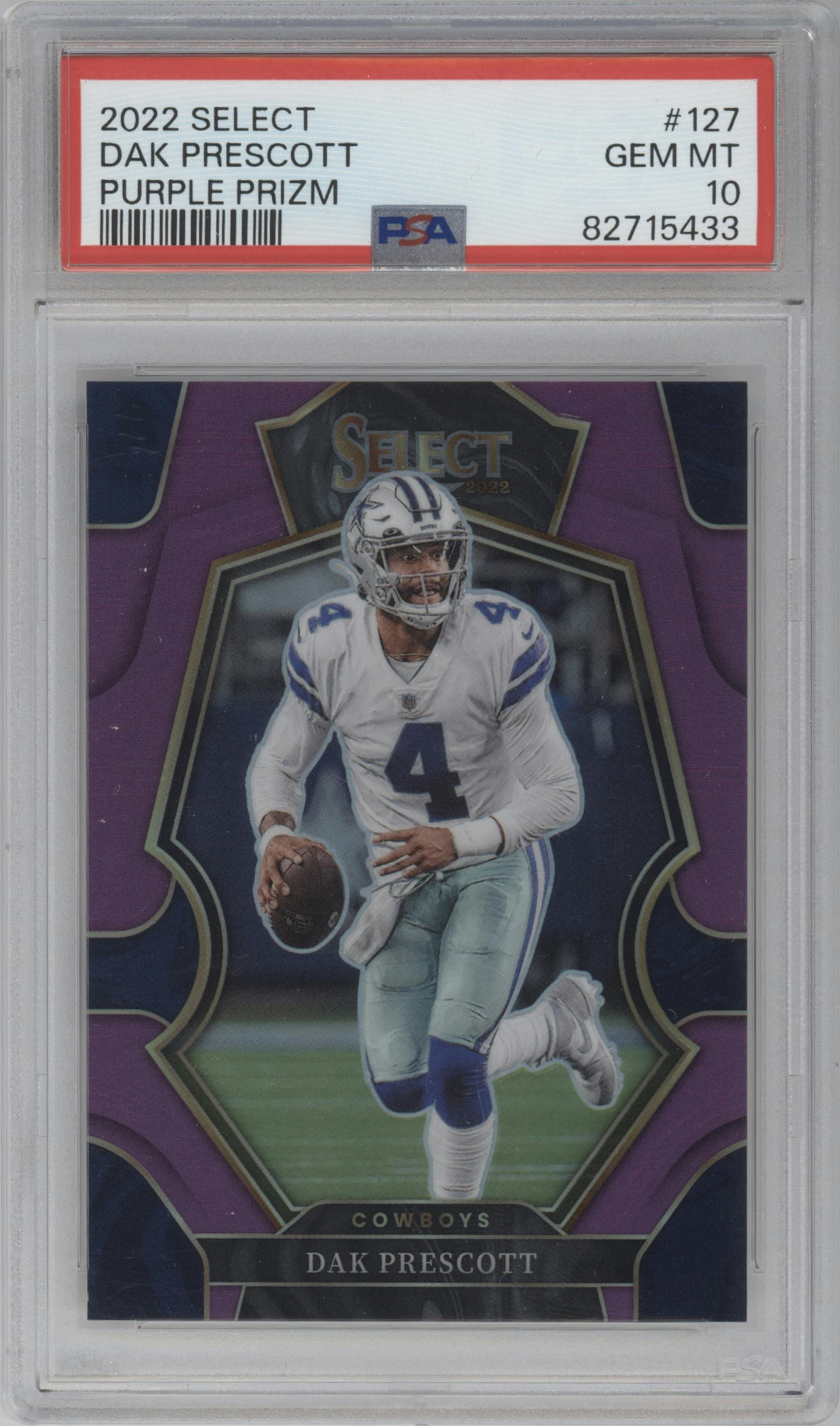 Dak Prescott from the 2022 Panini Select set featuring a Purple Prizm parallel graded by PSA and given an overall grade of 10.