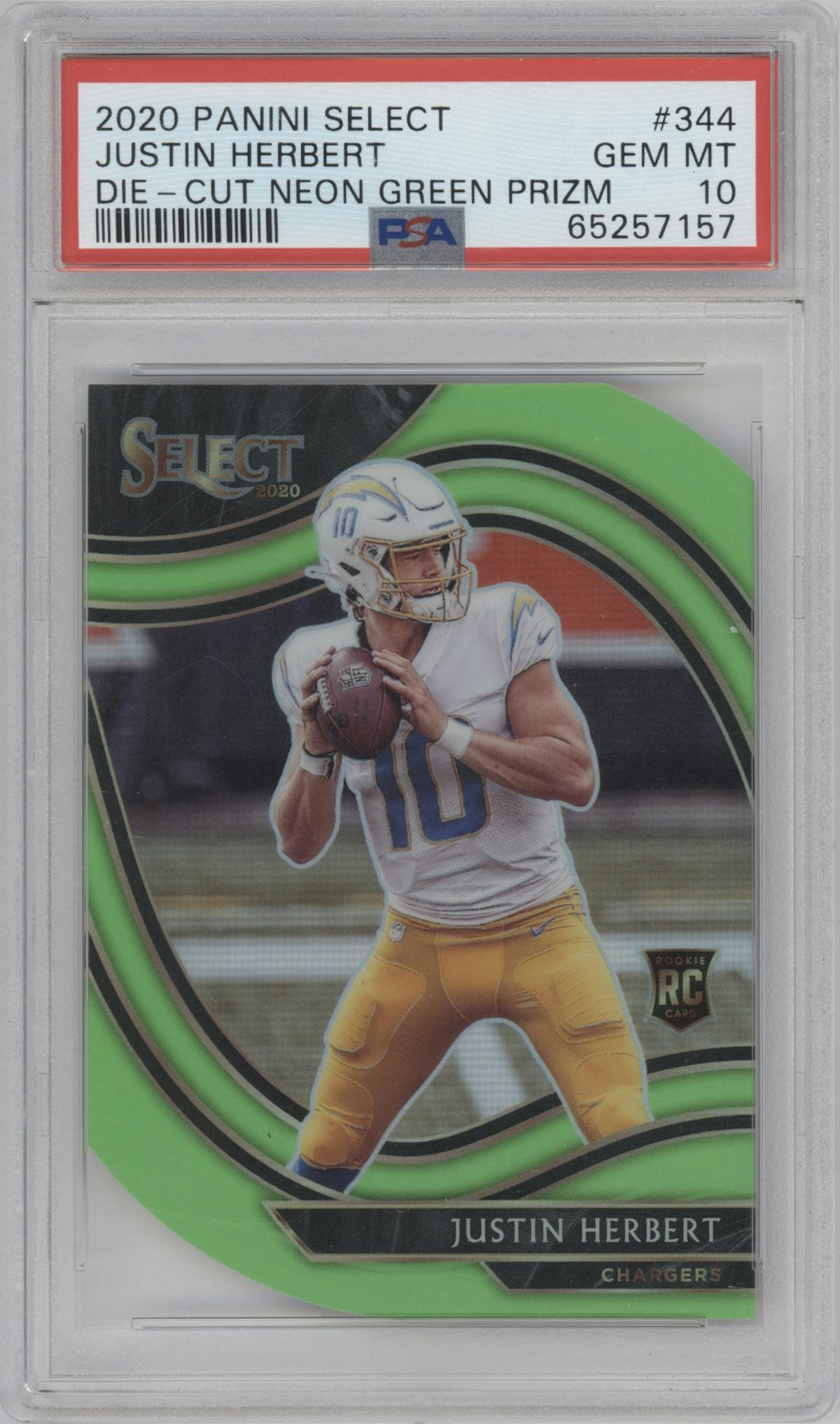 Justin Herbert from the 2020 Panini Select set featuring a Die-Cut Neon Green parallel graded by PSA and given an overall grade of 10.