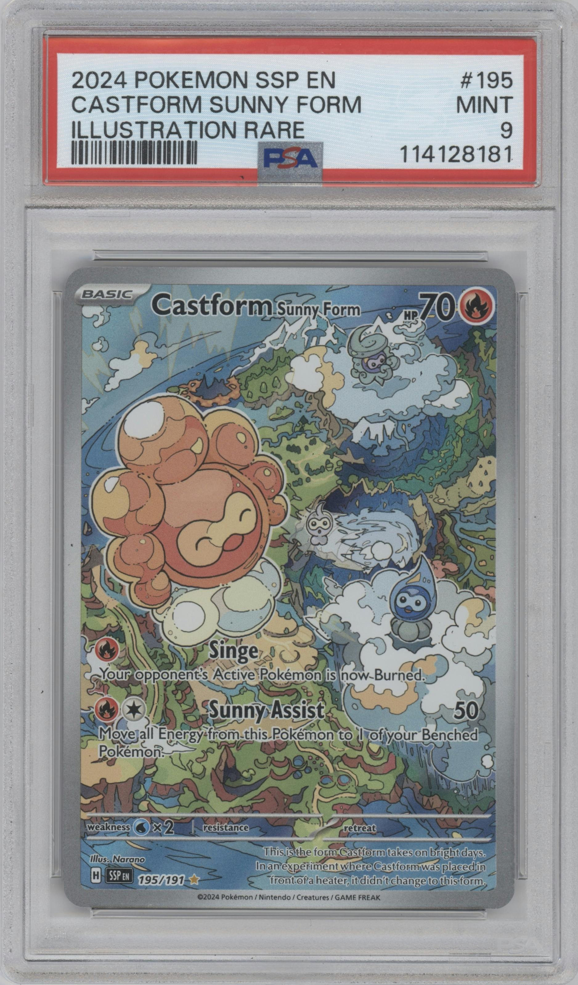 Castform Sunny Form from the 2024 Pokemon SV set graded by PSA and given an overall grade of 9.