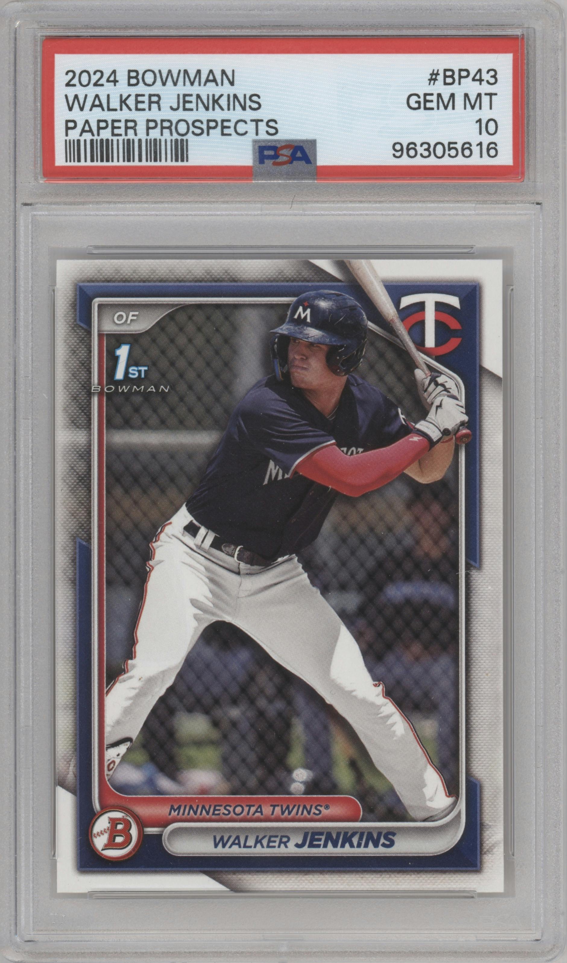 Walker Jenkins from the 2024 Bowman set graded by PSA and given an overall grade of 10.