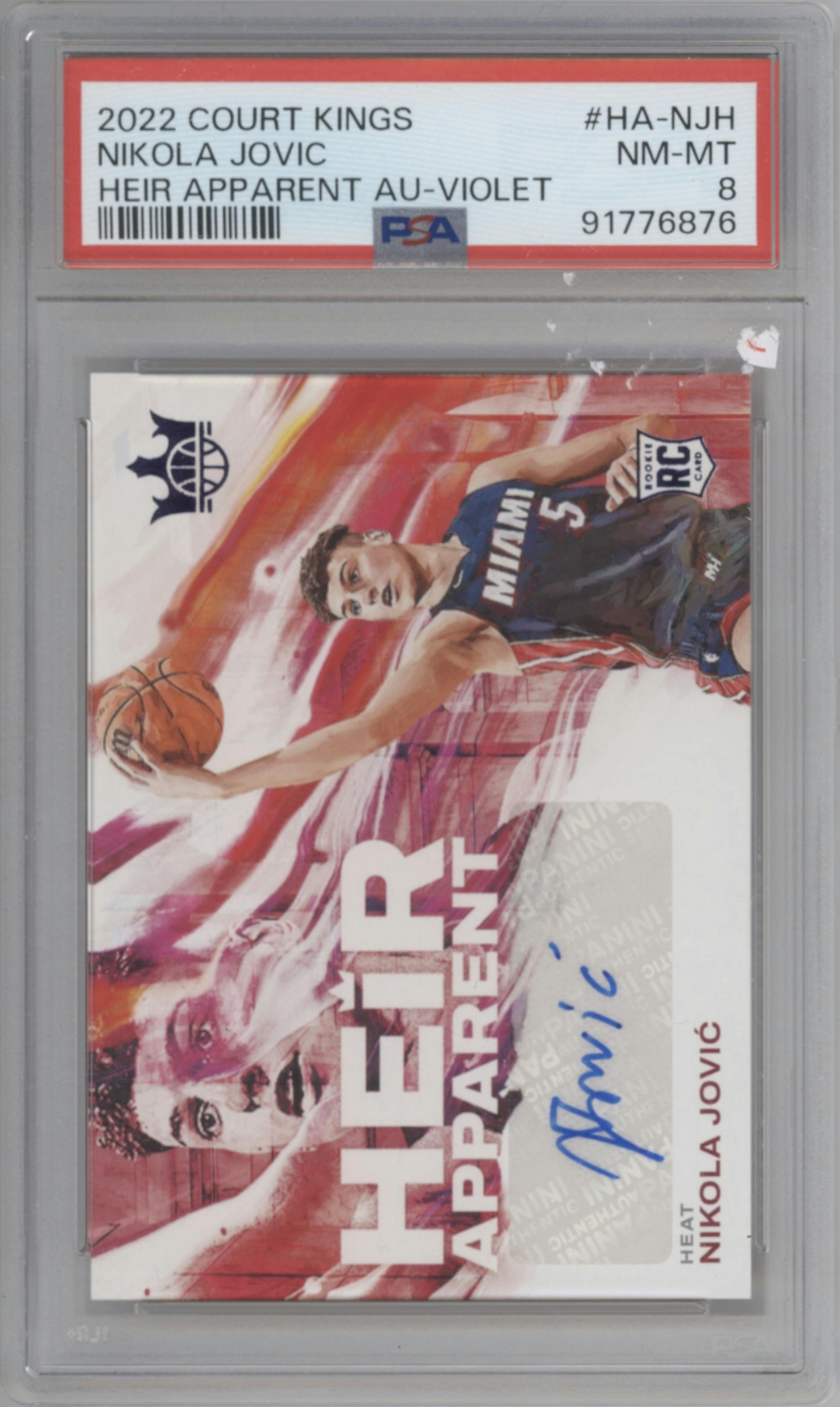 Nikola Jovic from the 2022-23 Panini Court Kings set featuring a Violet parallel graded by PSA and given an overall grade of 8.