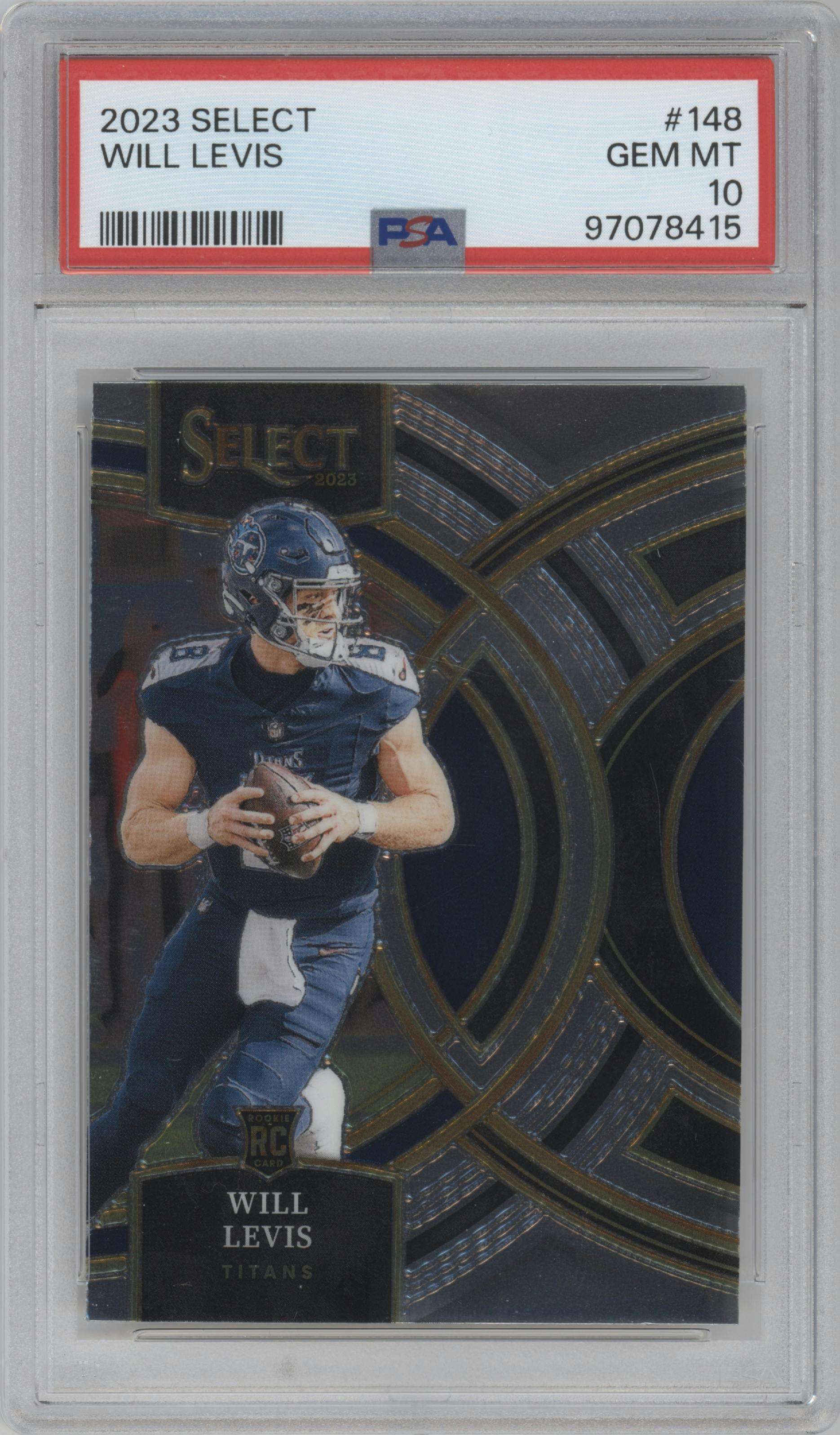 Will Levis from the 2023 Panini Select set graded by PSA and given an overall grade of 10.
