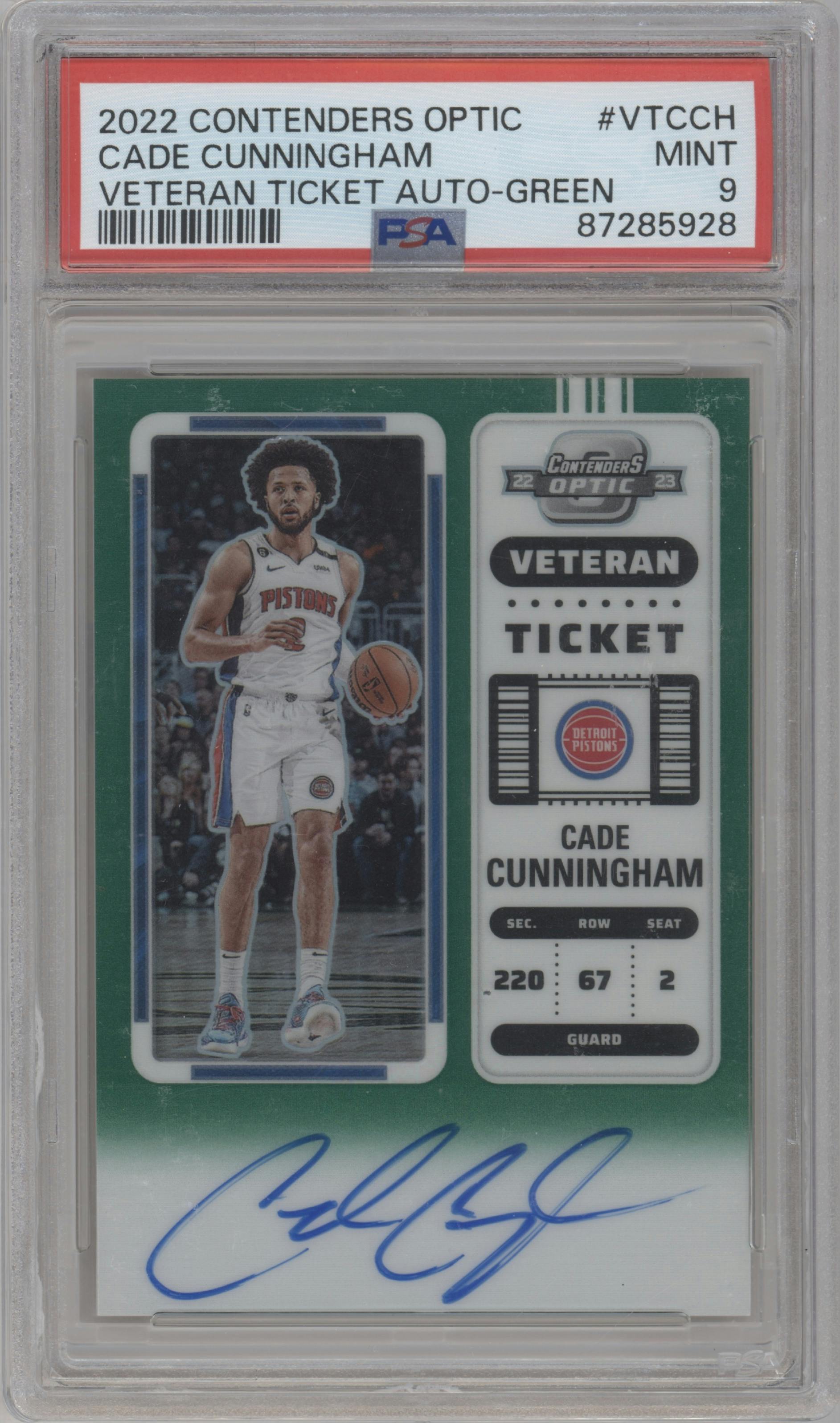 Cade Cunningham from the 2022-23 Panini Contenders Optic set featuring a Green parallel graded by PSA and given an overall grade of 9.