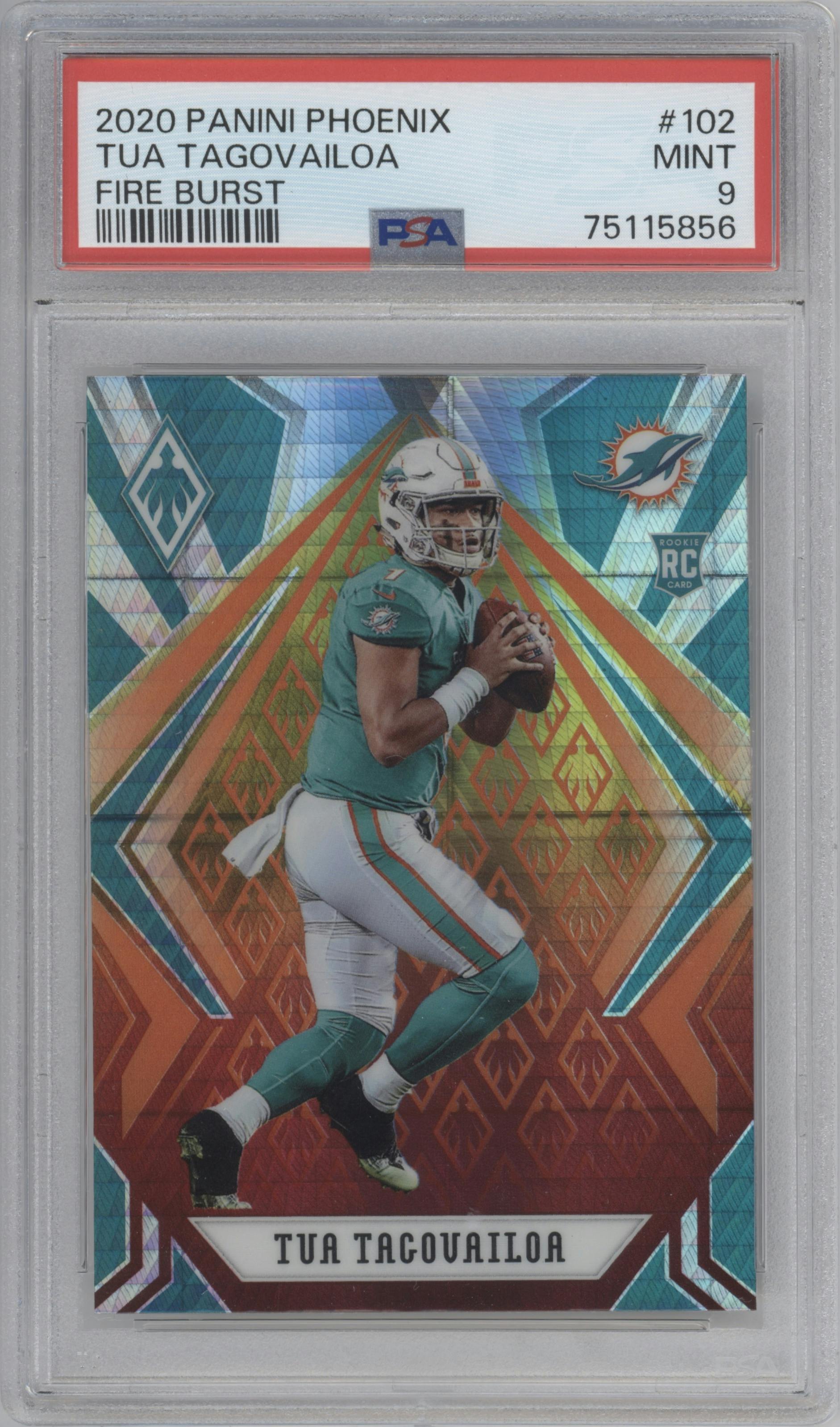 Tua Tagovailoa from the 2020 Panini Phoenix set featuring a Fire Burst parallel graded by PSA and given an overall grade of 9.
