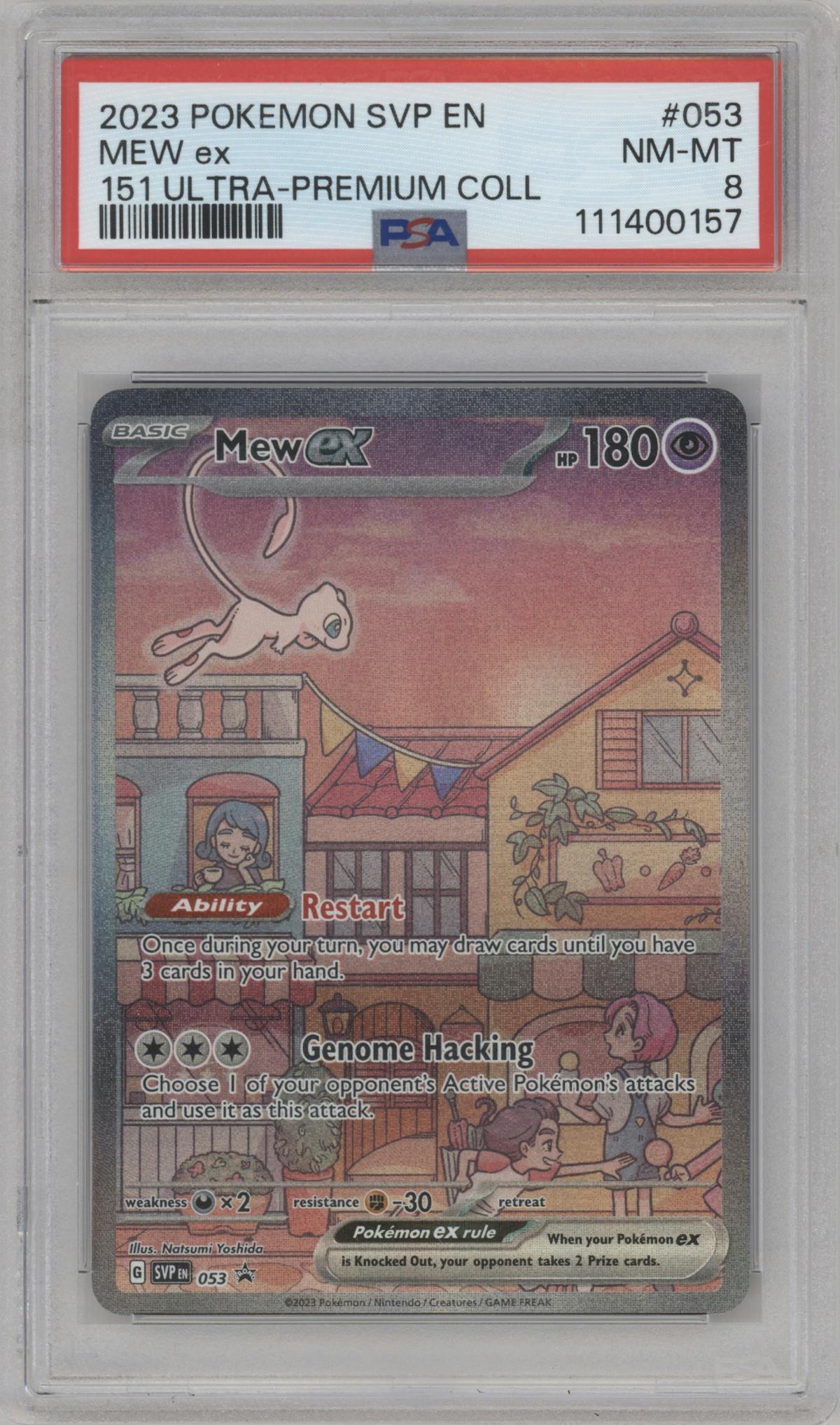 Mew ex from the 2023 Pokemon SV set featuring a Scarlet & Violet 151 Ultra Premium Collection parallel graded by PSA and given an overall grade of 8.