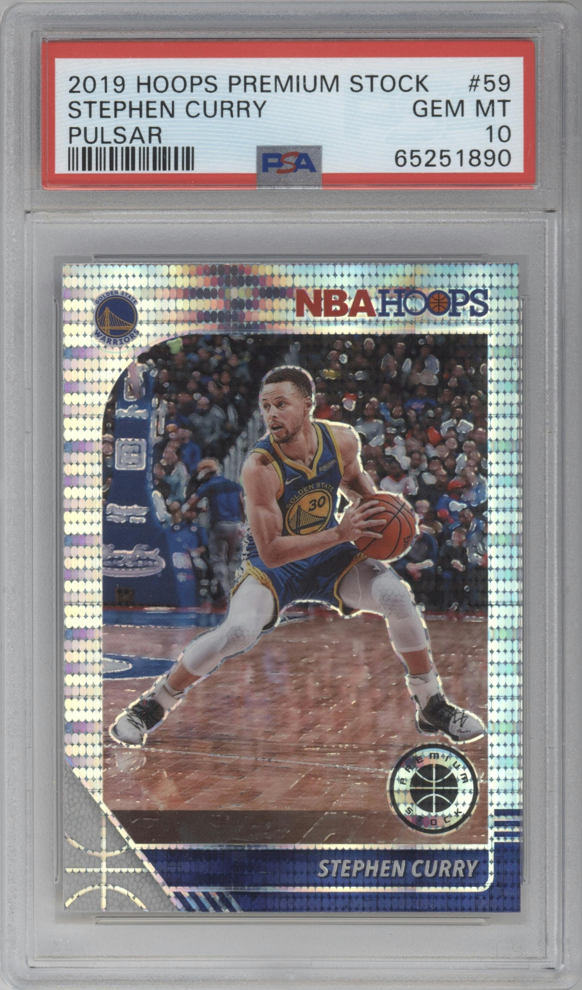 Stephen Curry from the 2019-20 Panini Hoops Premium Stock set featuring a Pulsar parallel graded by PSA and given an overall grade of 10.