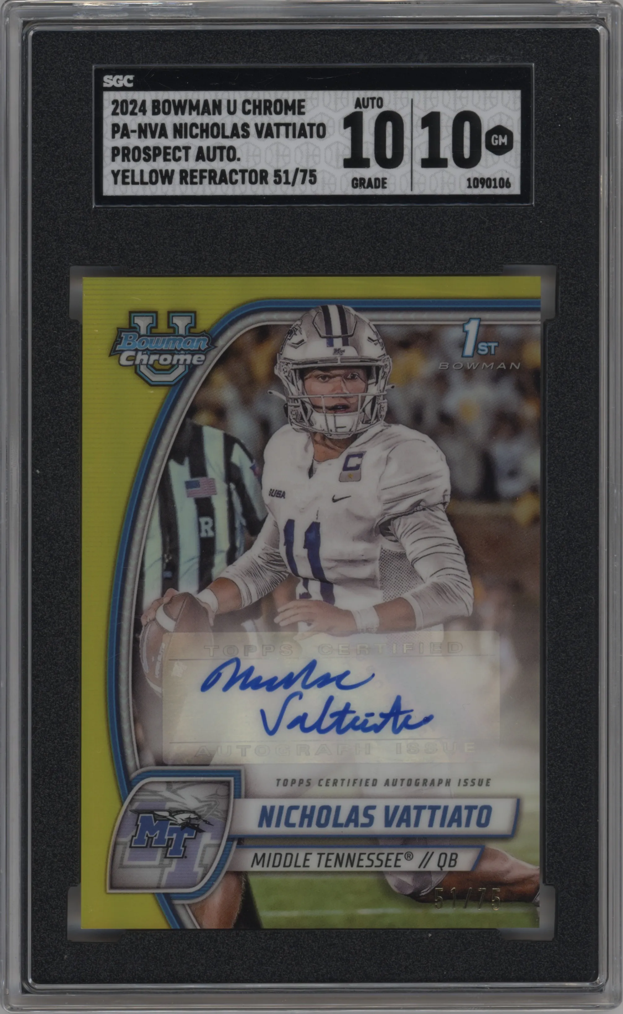 2024 Bowman University Chrome Pros.Auto Nicholas Vattiato Yellow Refractor SGC 10
