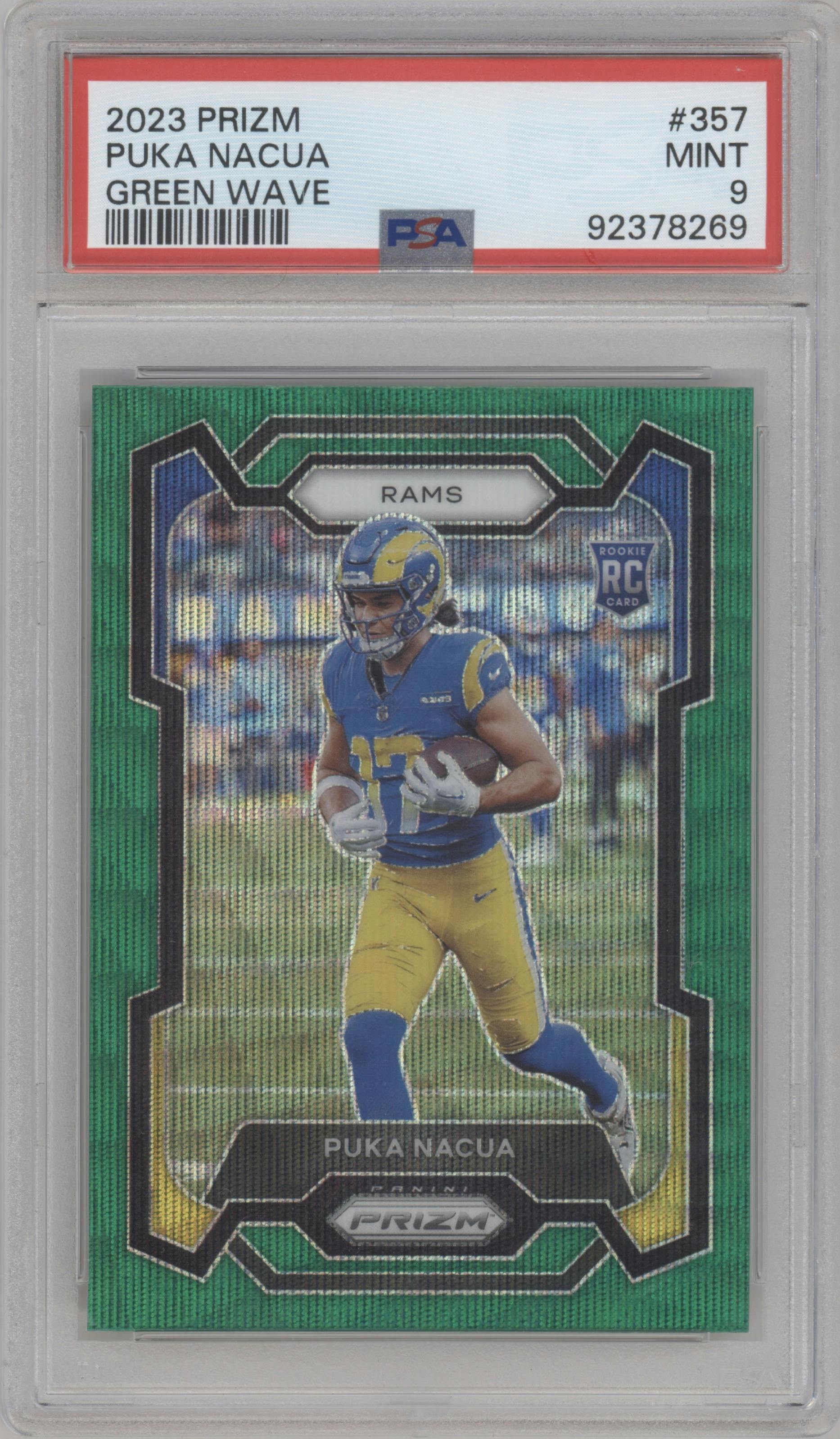 Puka Nacua from the 2023 Panini Prizm set featuring a Green Wave  parallel graded by PSA and given an overall grade of 9.