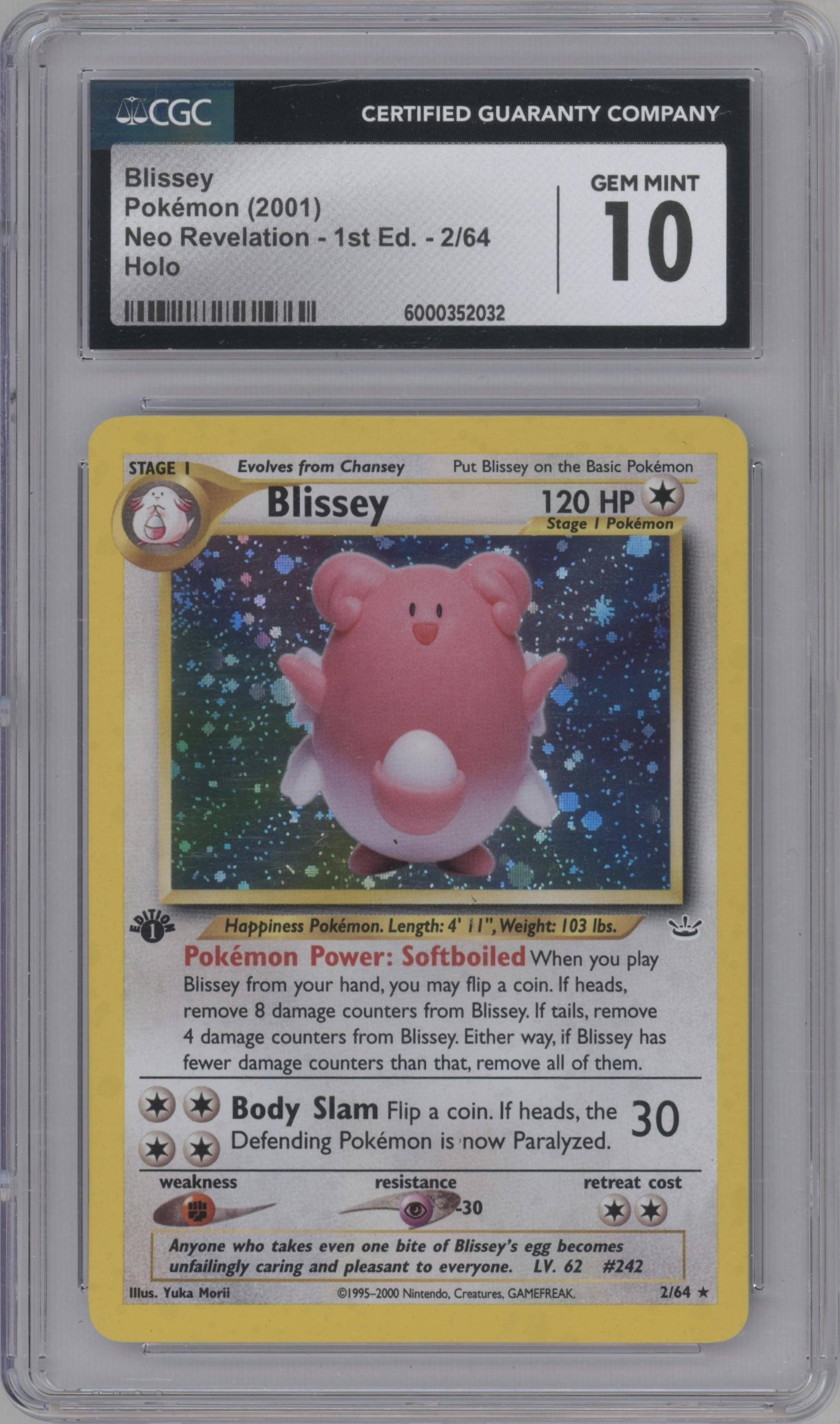 Blissey from the 2001 Pokemon Neo Genesis set graded by CSG and given an overall grade of 10.