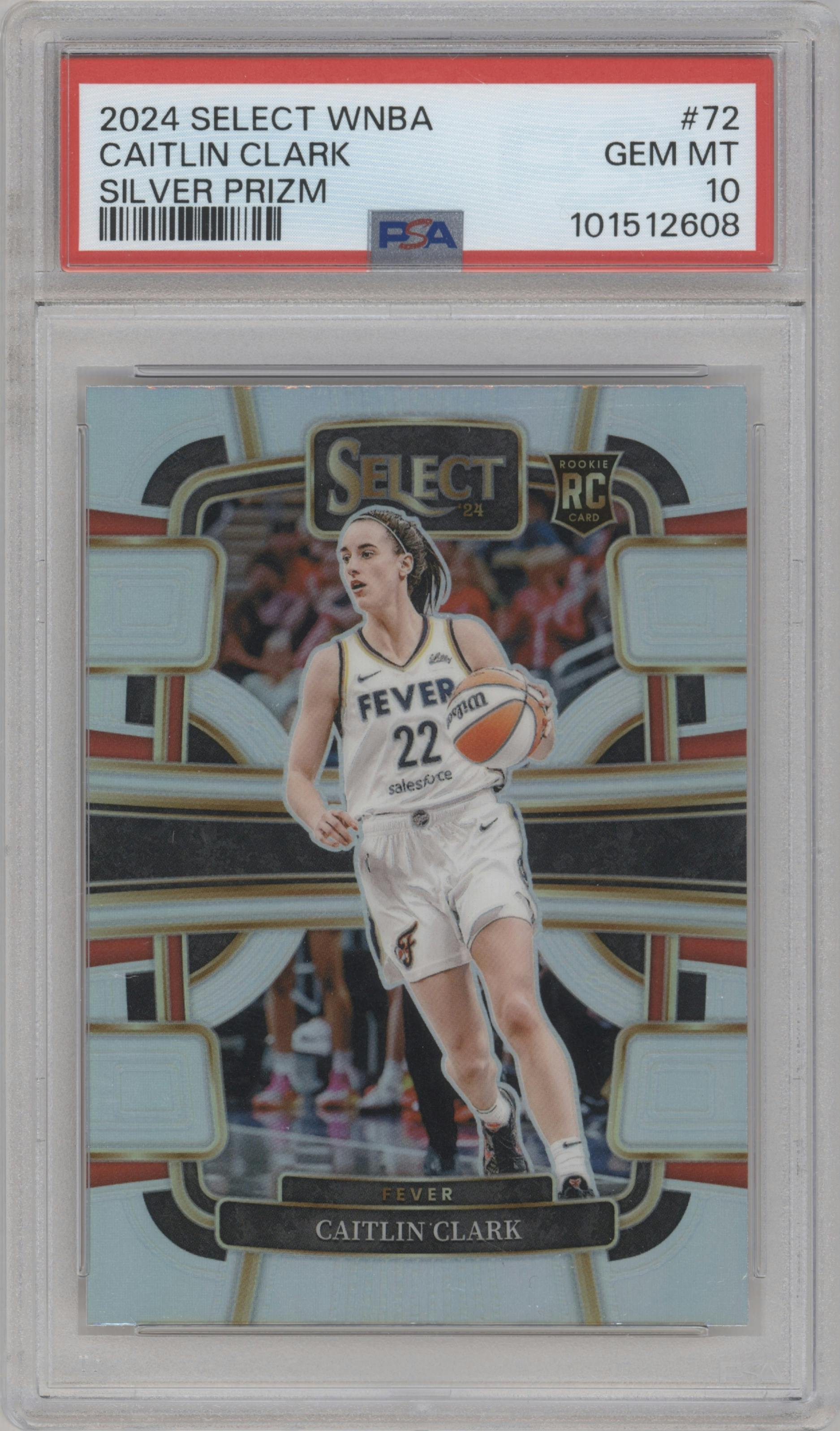 Caitlin Clark from the 2024 Panini Select WNBA set featuring a Silver Prizm parallel graded by PSA and given an overall grade of 10.