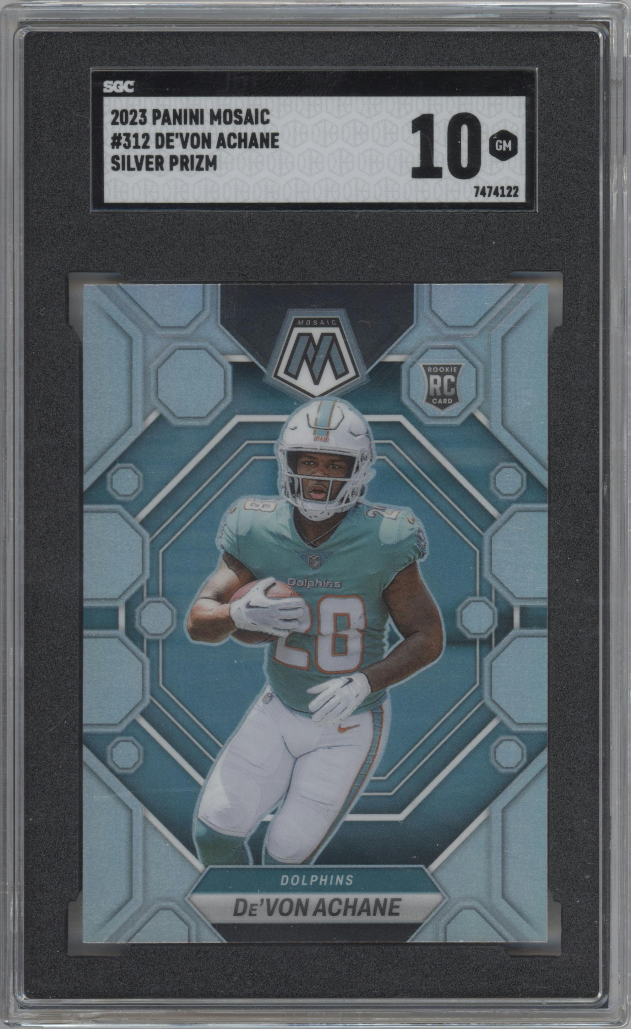 De'Von Achane from the 2023 Panini Mosaic set featuring a Silver parallel graded by SGC and given an overall grade of 10.