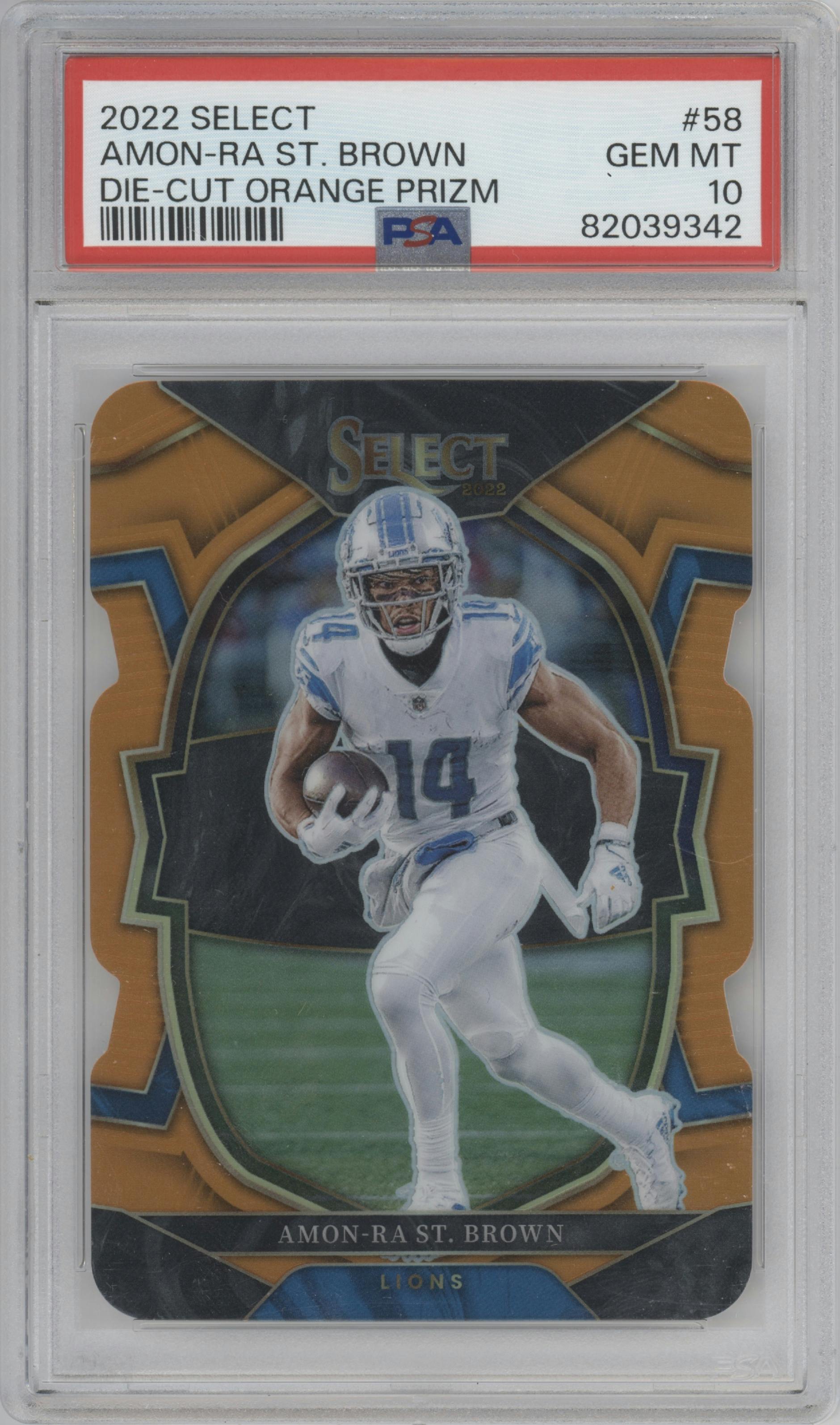 Amon-Ra St. Brown from the 2022 Panini Select set featuring a Die-Cut Orange parallel graded by PSA and given an overall grade of 10.