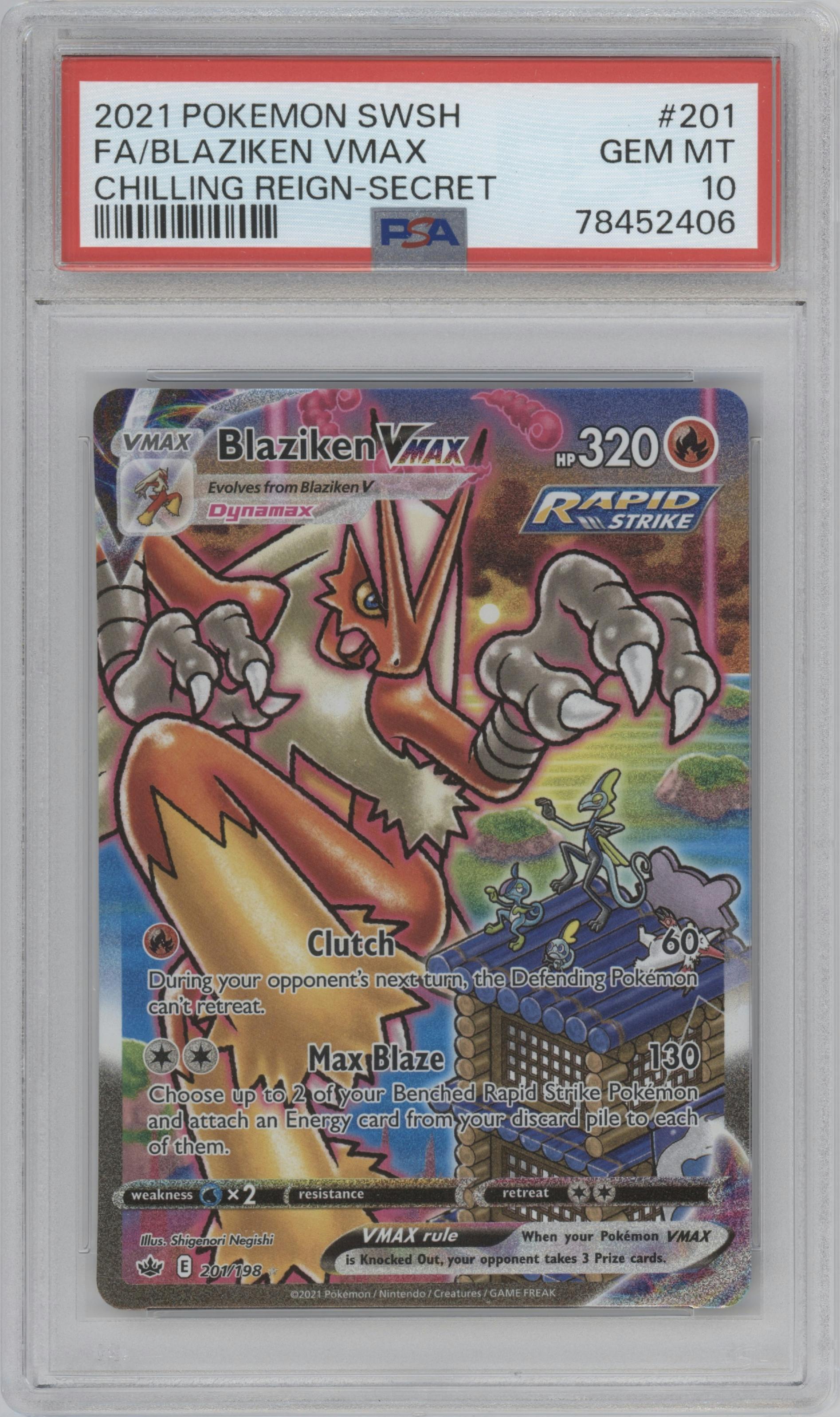 Blaziken VMAX from the 2021 Pokemon SWSH set graded by PSA and given an overall grade of 10.