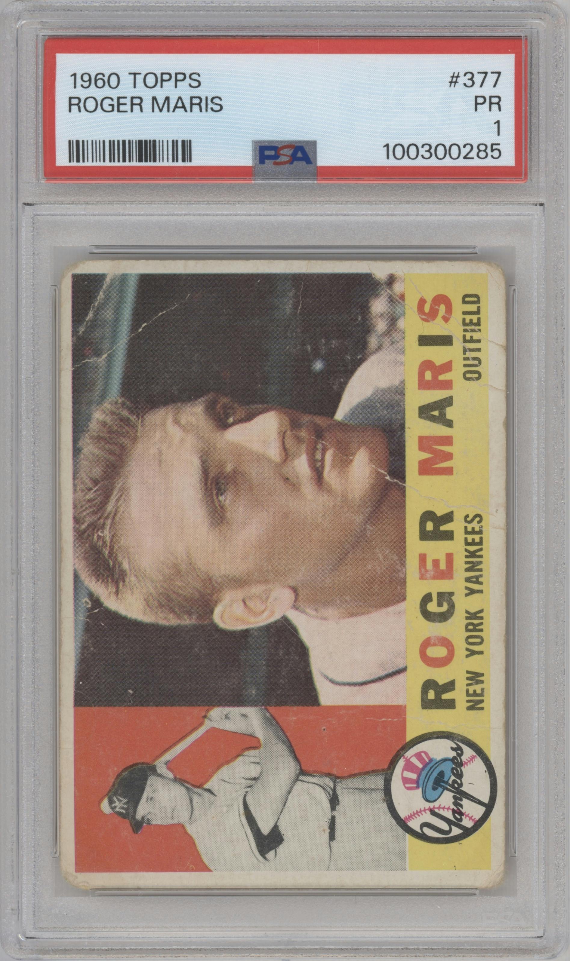 Roger Maris from the 1960 Topps set graded by PSA and given an overall grade of 1.