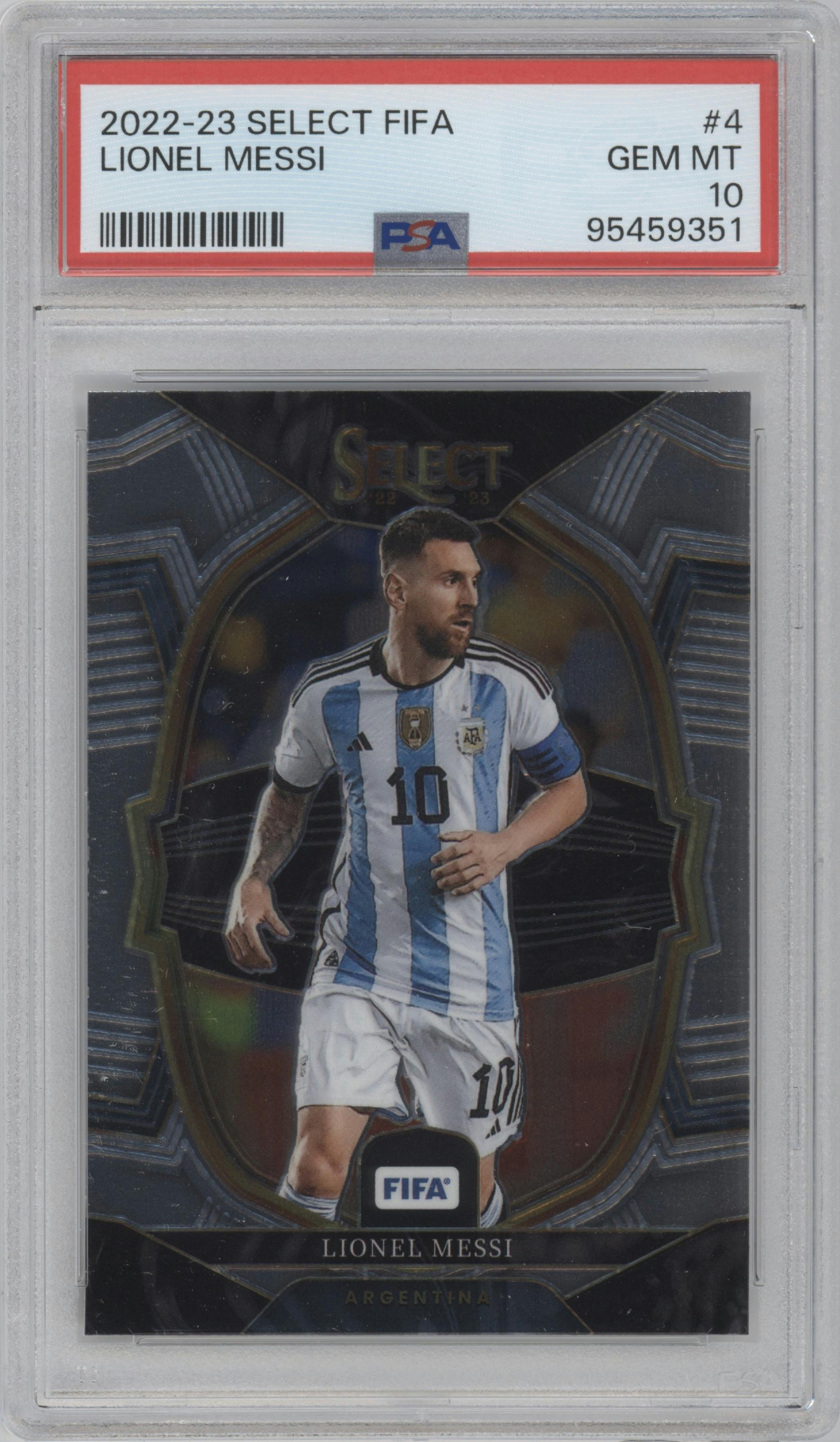 Lionel Messi from the 2022-23 Panini Select FIFA set graded by PSA and given an overall grade of 10.