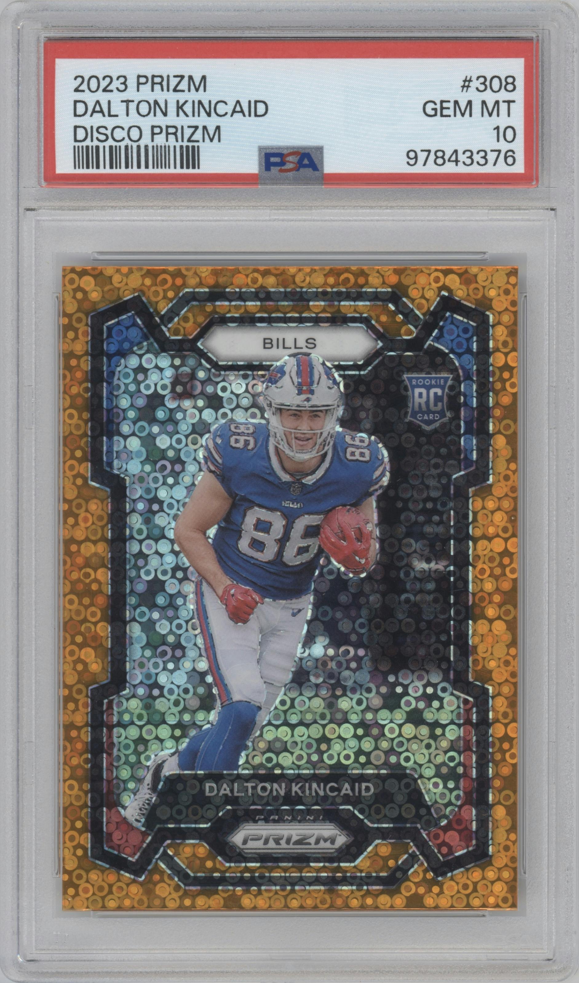 Dalton Kincaid from the 2023 Panini Prizm set featuring a Disco parallel graded by PSA and given an overall grade of 10.