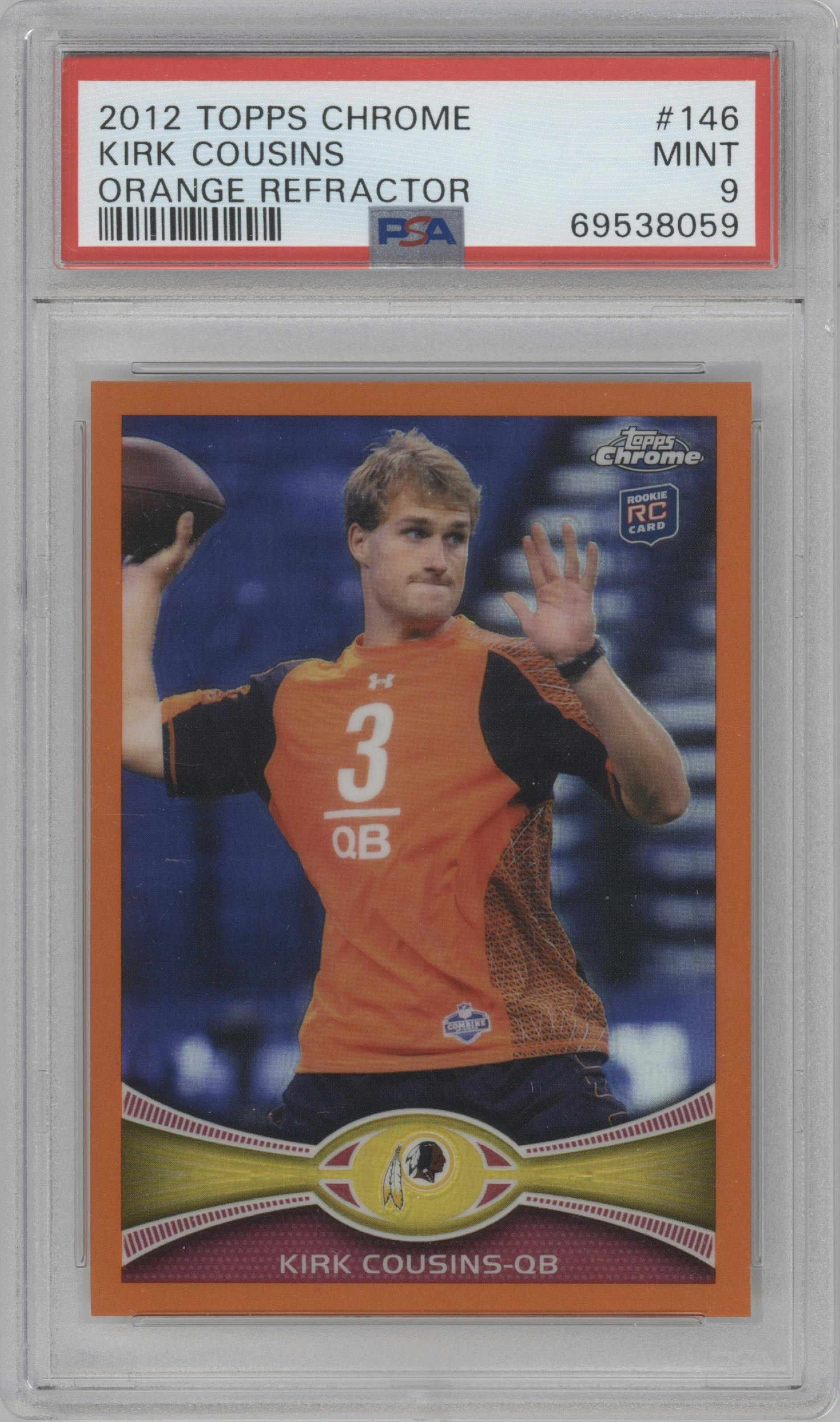 Kirk Cousins from the 2012 Topps Chrome set featuring a Orange Refractor parallel graded by PSA and given an overall grade of 9.