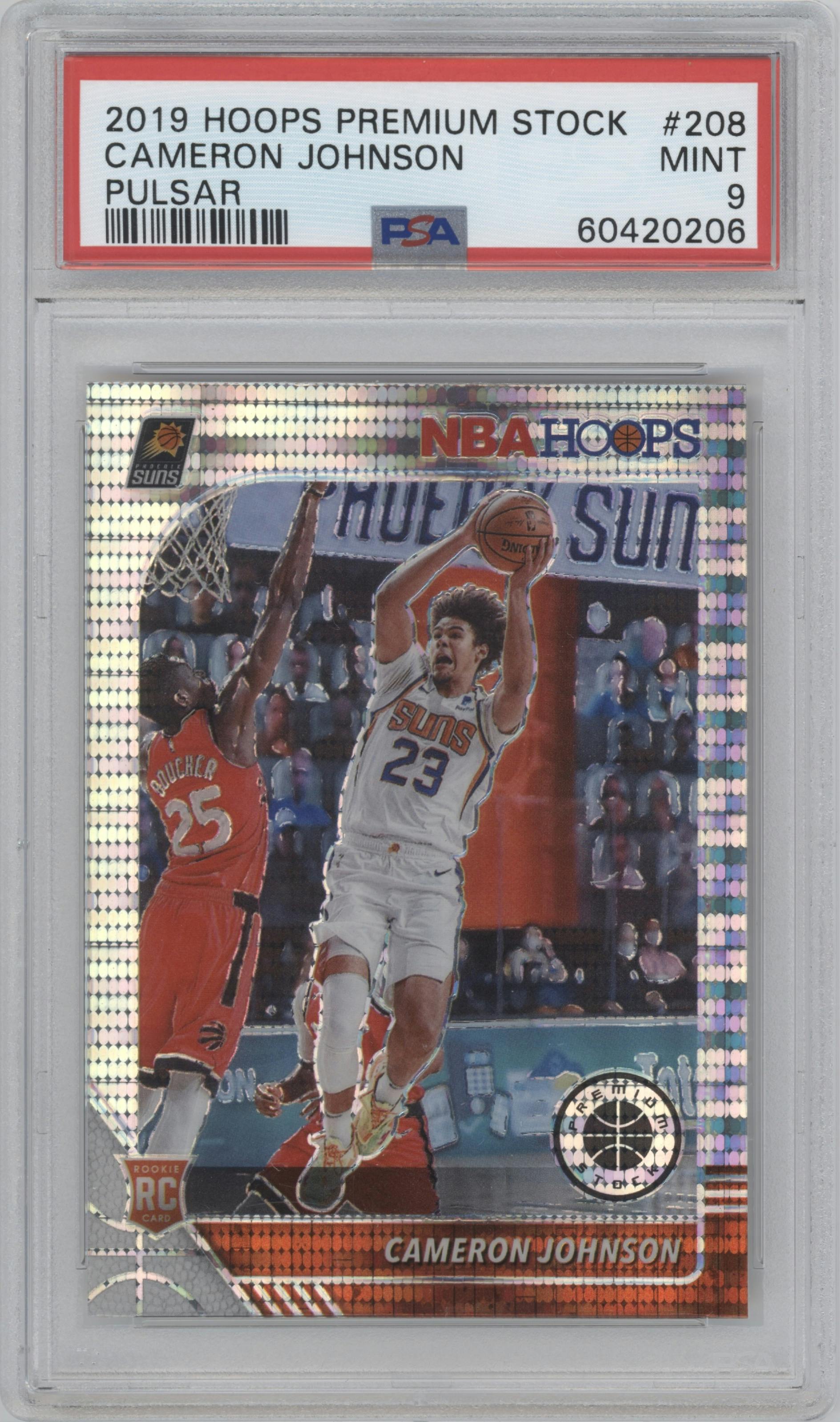 Cameron Johnson from the 2019-20 Panini Hoops Premium Stock set featuring a Pulsar parallel graded by PSA and given an overall grade of 9.