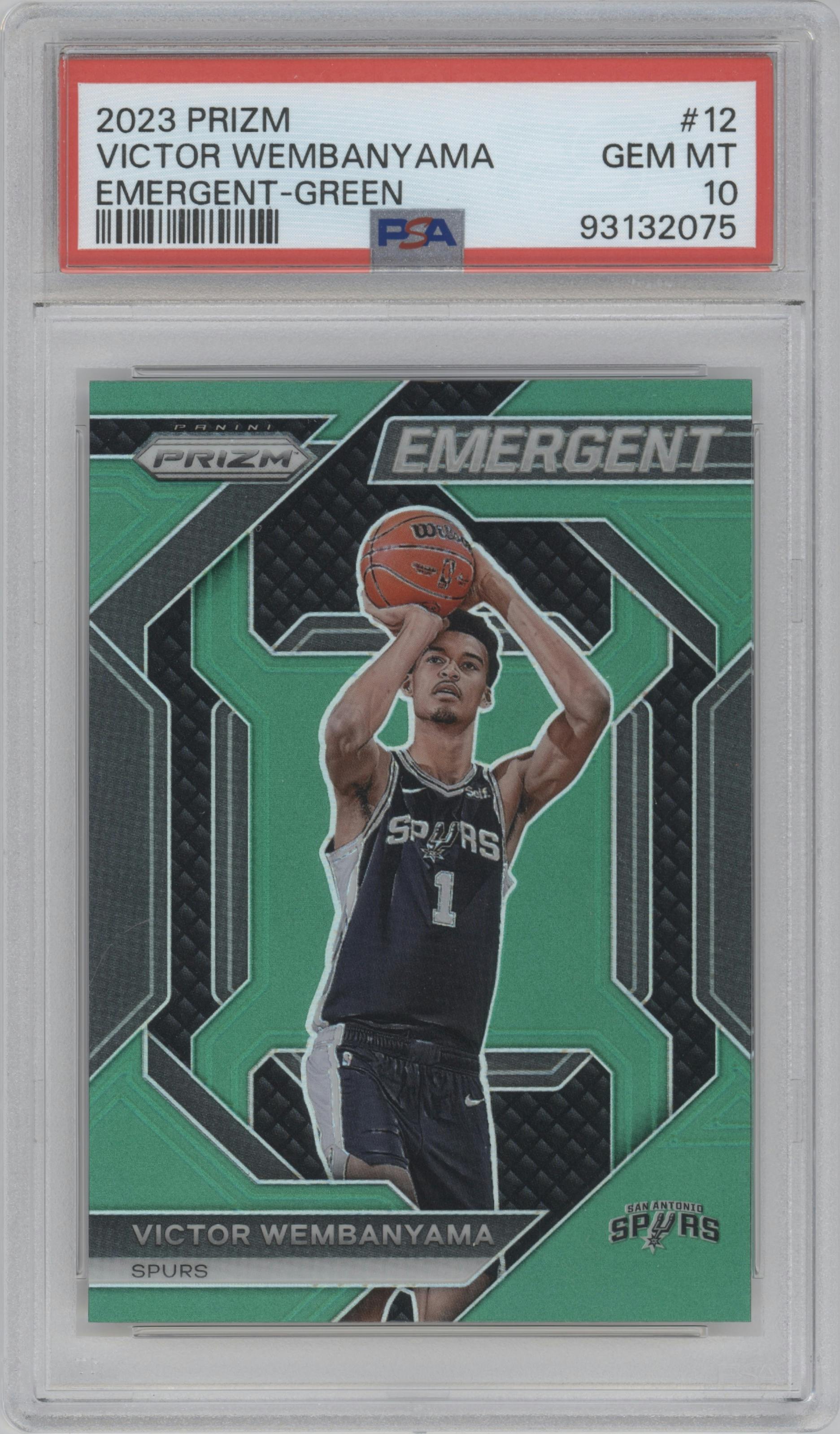 Victor Wembanyama from the 2023-24 Panini Prizm set featuring a Green Prizm parallel graded by PSA and given an overall grade of 10.