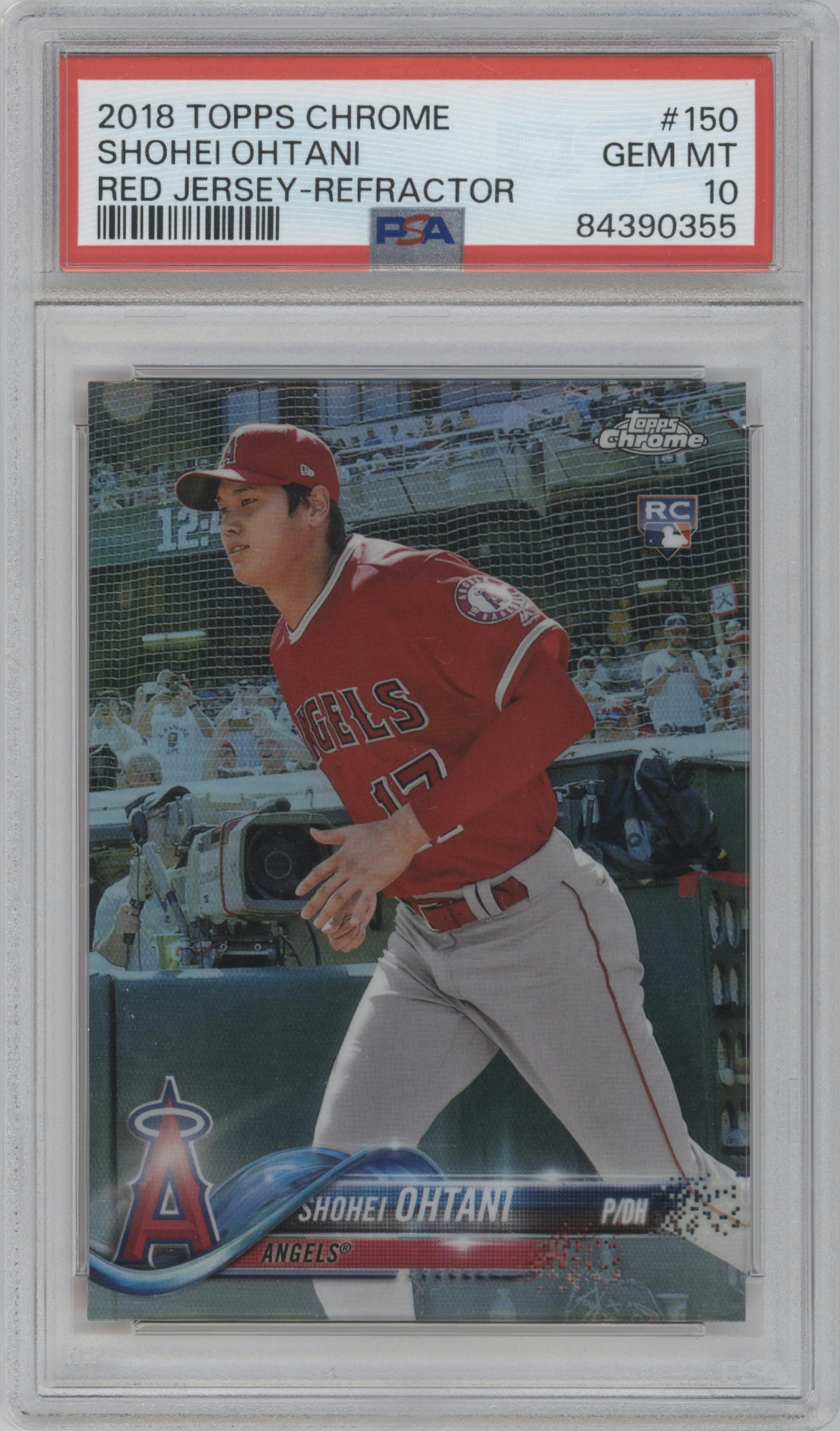 Shohei Ohtani from the 2018 Topps Chrome set featuring a Refractor parallel graded by PSA and given an overall grade of 10.