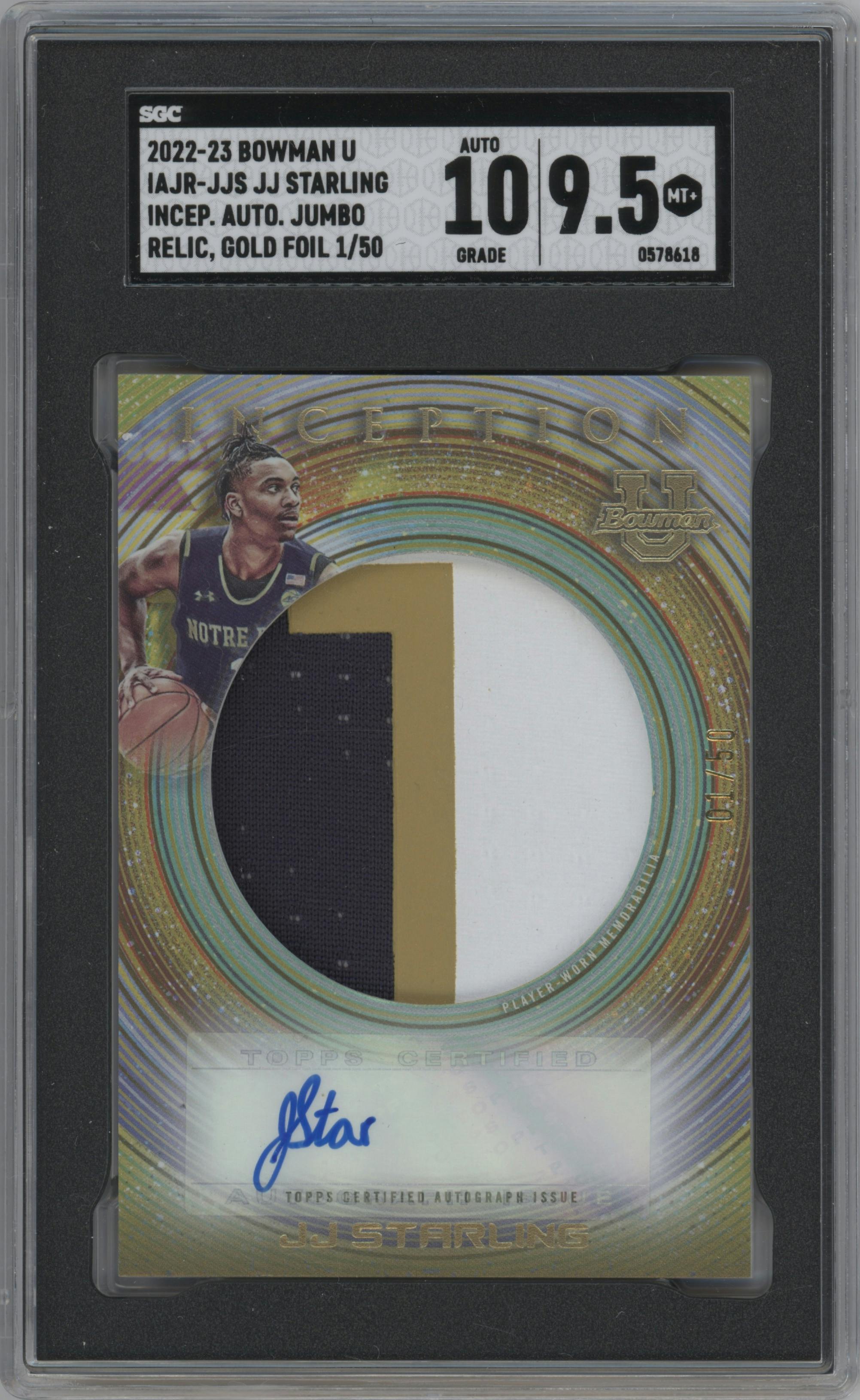 JJ Starling from the 2022-23 Bowman University Inception set featuring a Gold parallel graded by SGC and given an overall grade of 9.5.