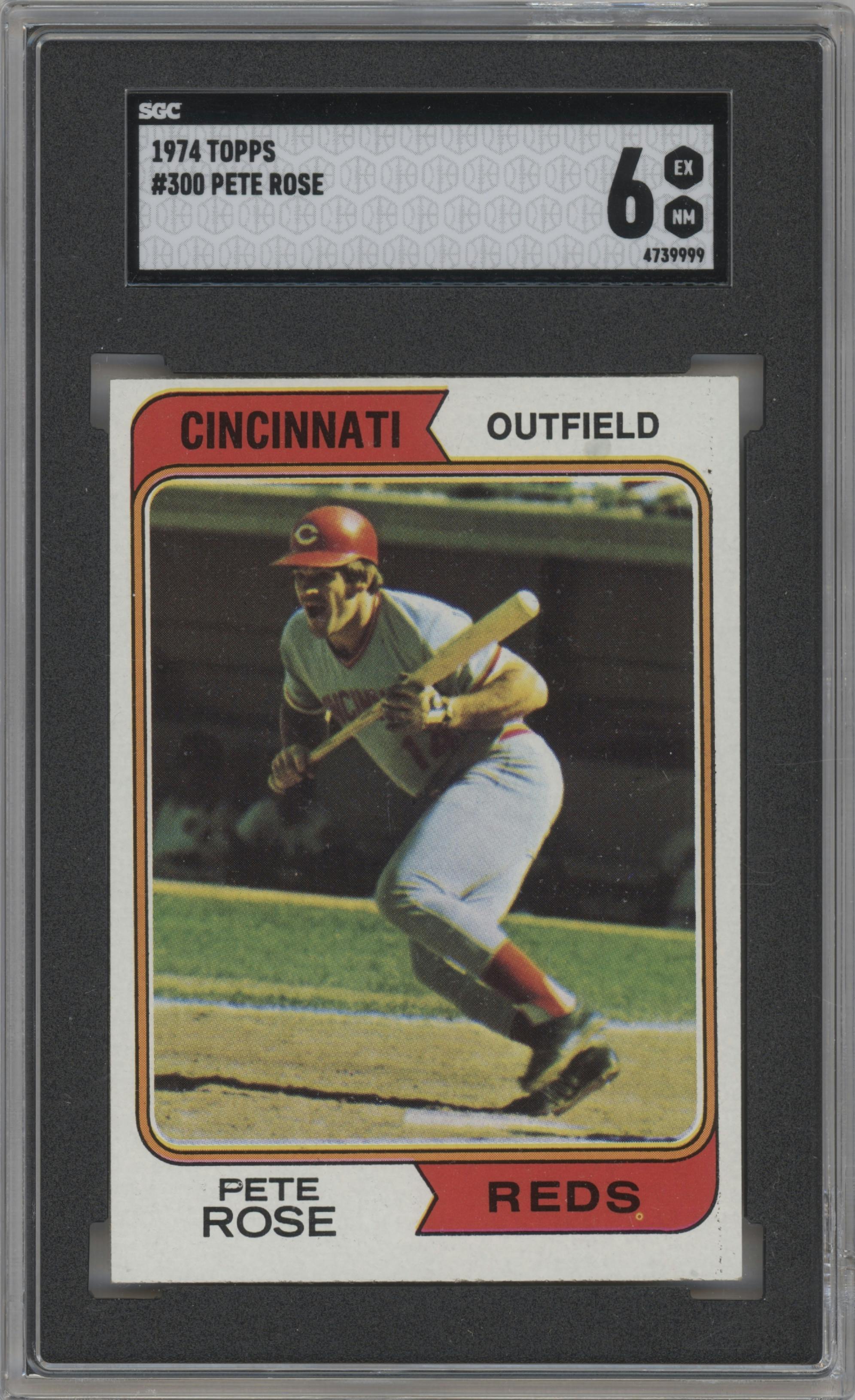 Pete Rose from the 1974 Topps set graded by SGC and given an overall grade of 6.