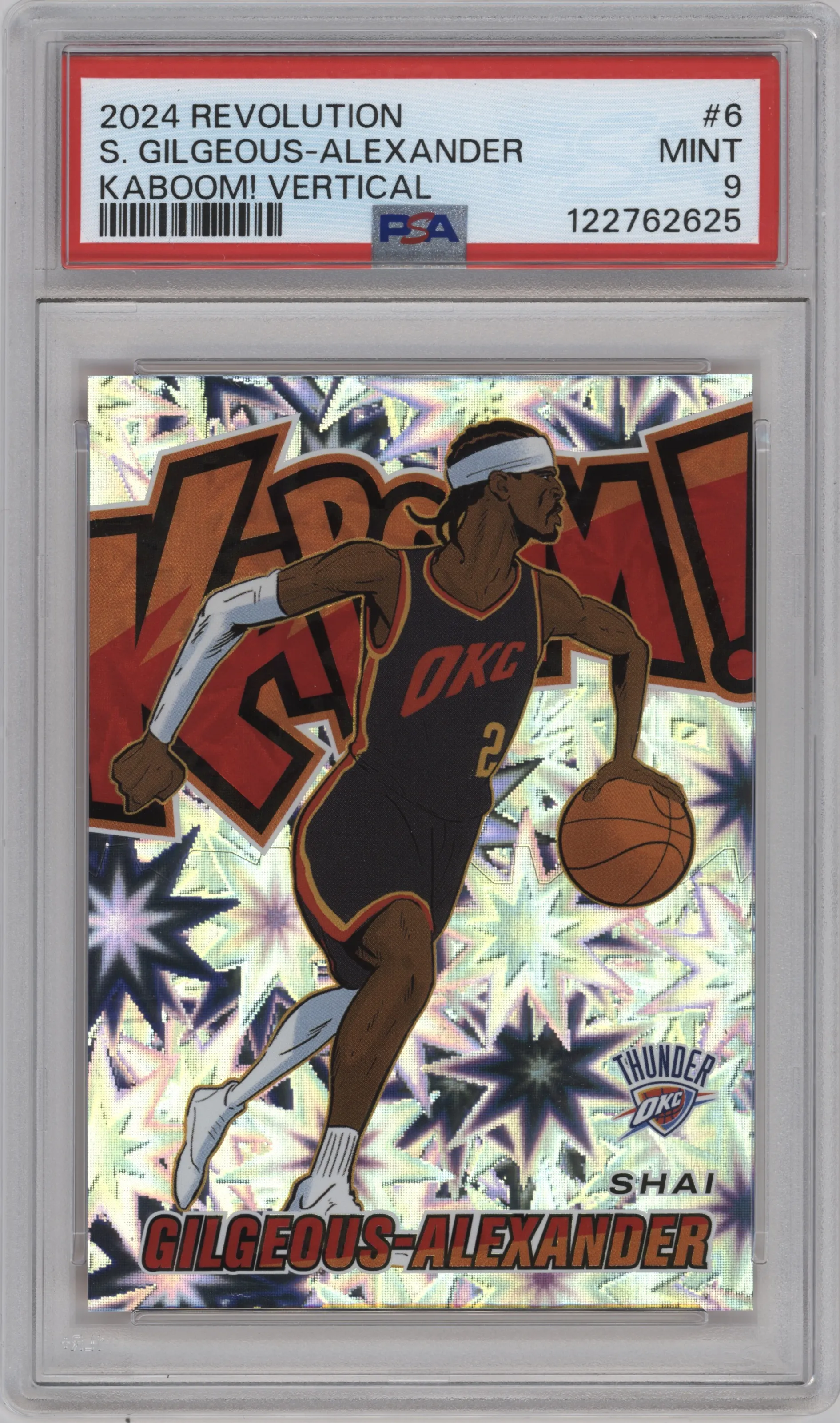 Shai Gilgeous-Alexander from the 2024-25 Panini Revolution set graded by PSA and given an overall grade of 9.