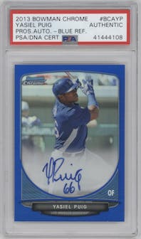Yasiel Puig from the 2013 Bowman Chrome set featuring a Blue Refractor parallel graded by PSA and given an overall grade of 0.