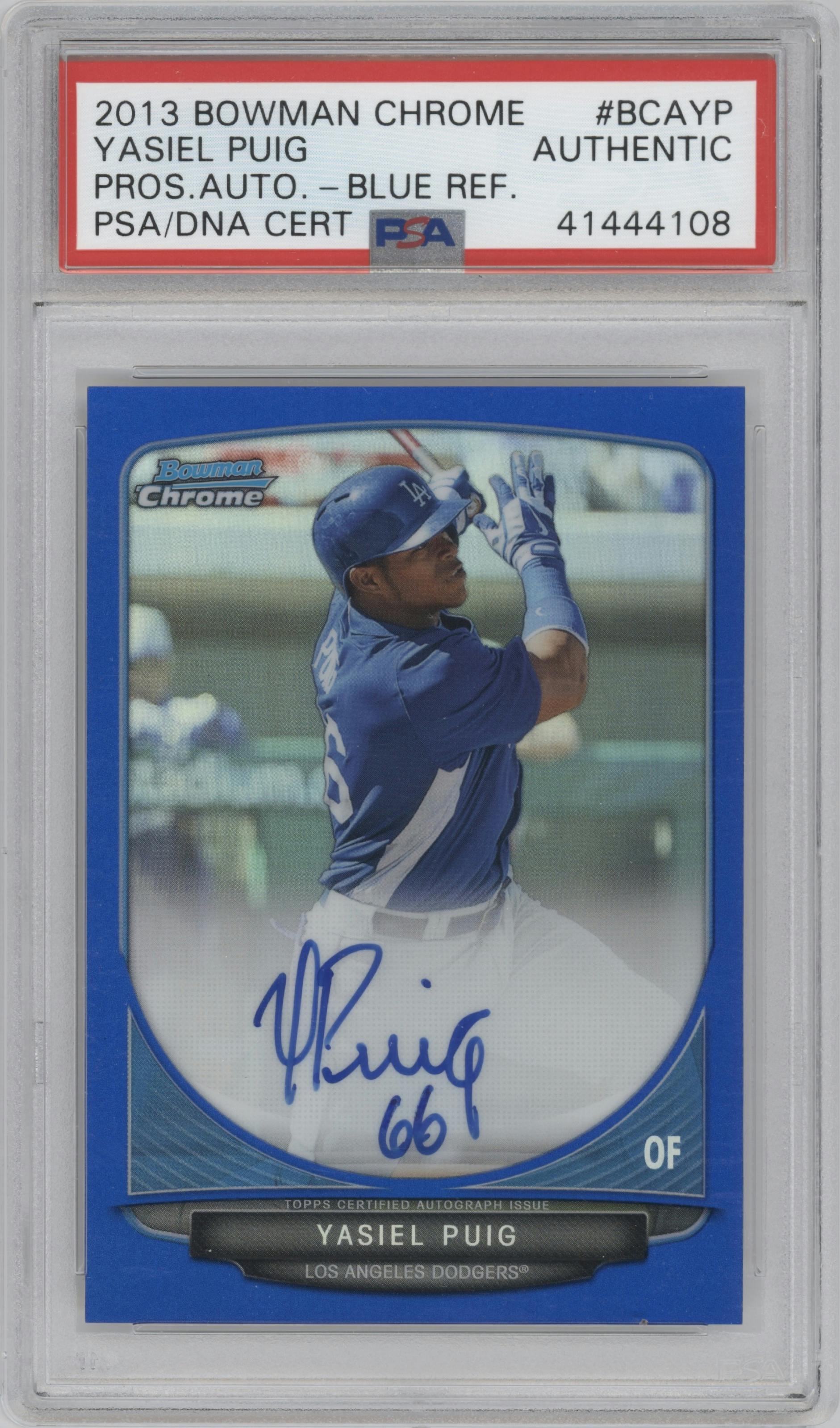 Yasiel Puig from the 2013 Bowman Chrome set featuring a Blue Refractor parallel graded by PSA.