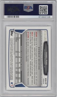 Yasiel Puig from the 2013 Bowman Chrome set featuring a Blue Refractor parallel graded by PSA and given an overall grade of 0.