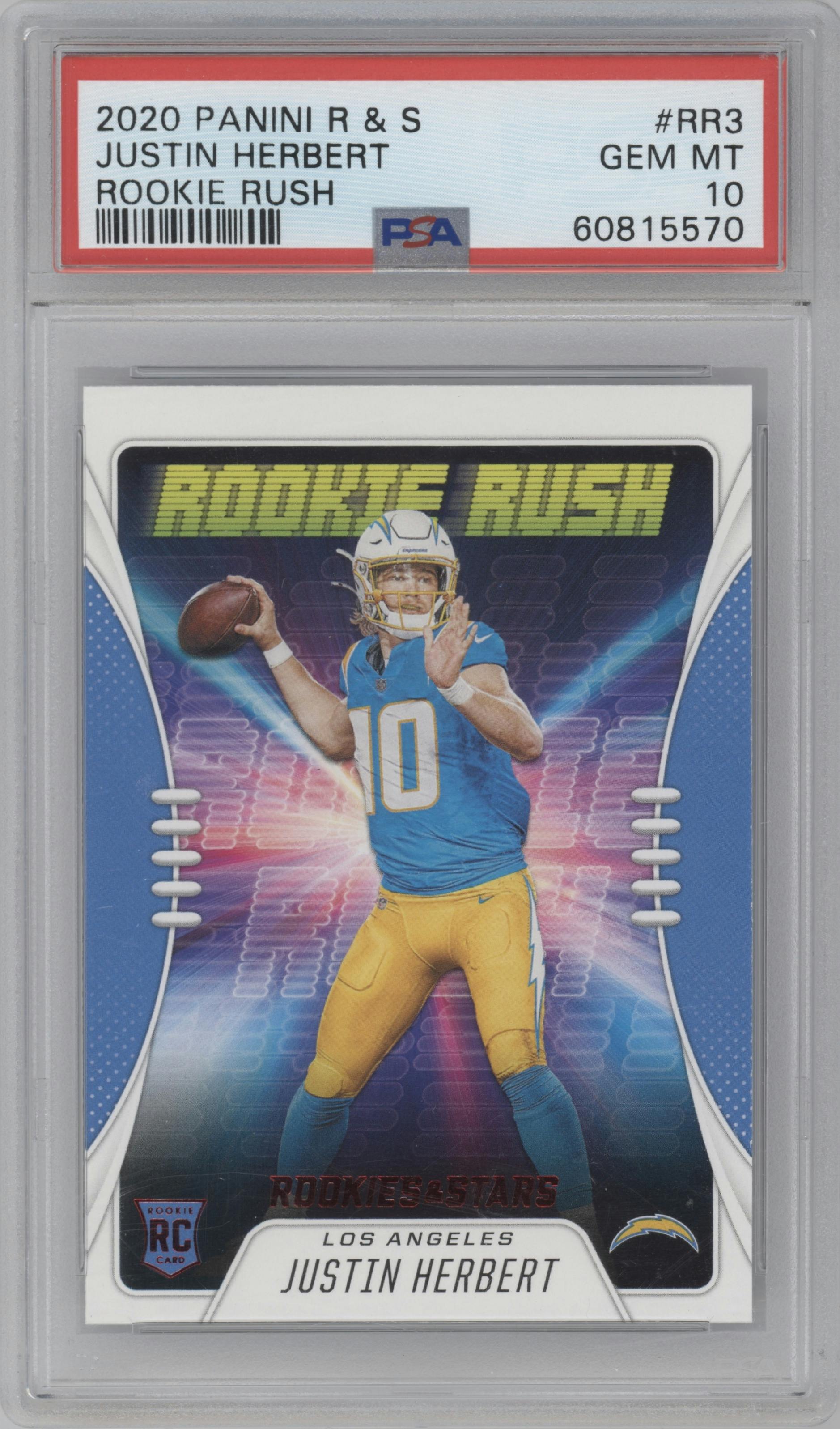 Justin Herbert from the 2020 Panini Rookies & Stars set graded by PSA and given an overall grade of 10.
