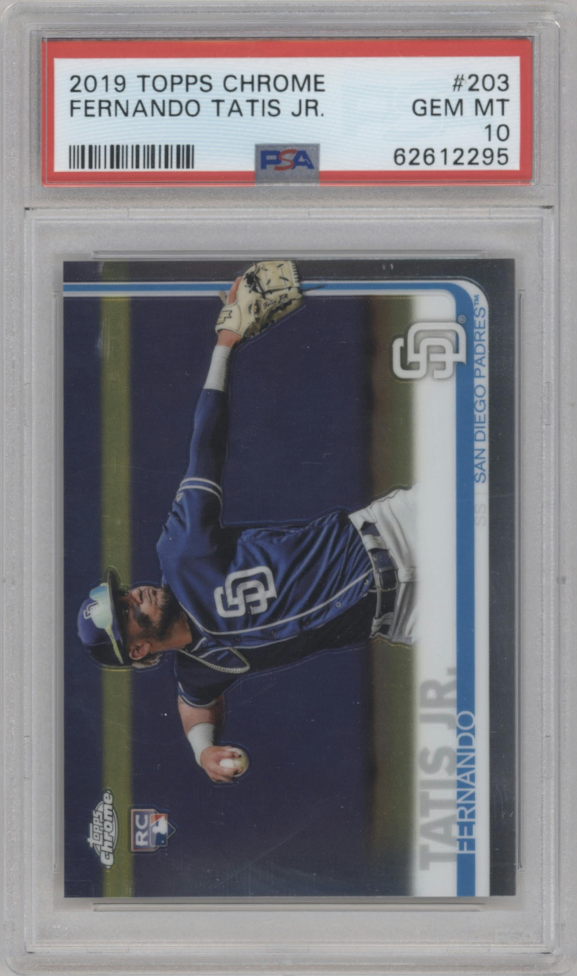 Fernando Tatis Jr. from the 2019 Topps Chrome set graded by PSA and given an overall grade of 10.