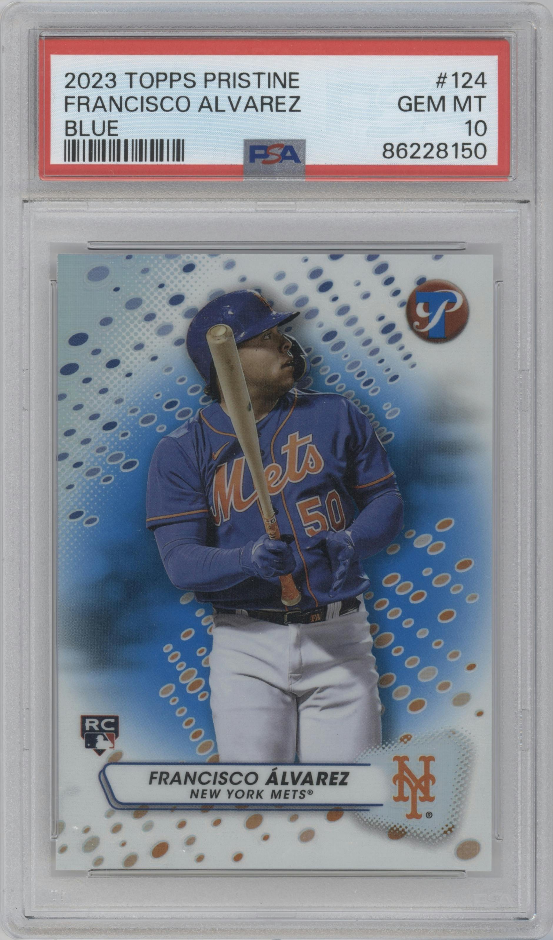 Francisco Alvarez from the 2023 Topps Pristine set featuring a Blue Refractor parallel graded by PSA and given an overall grade of 10.