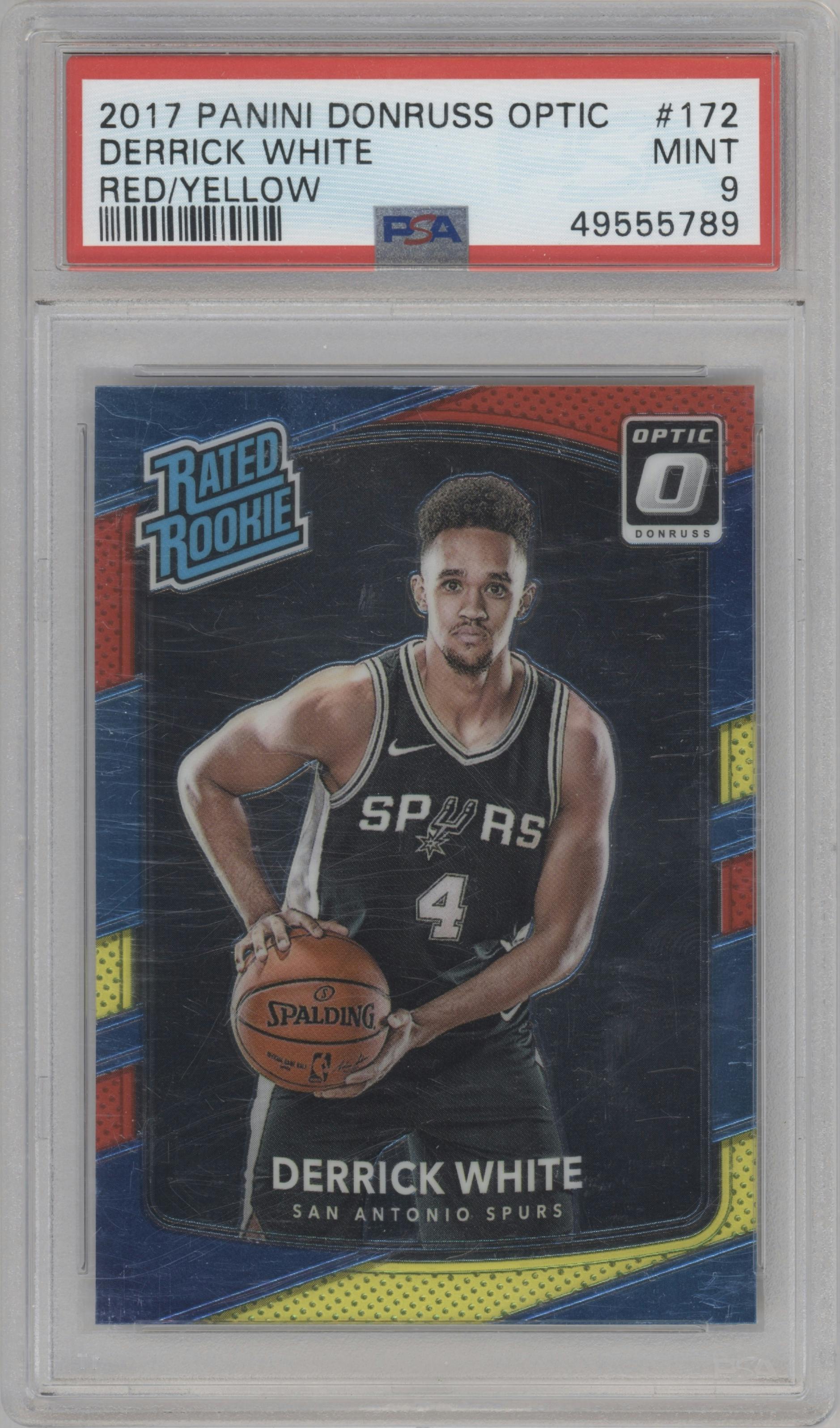 Derrick White from the 2017-18 Panini Donruss Optic set featuring a Red/Yellow  parallel graded by PSA and given an overall grade of 9.