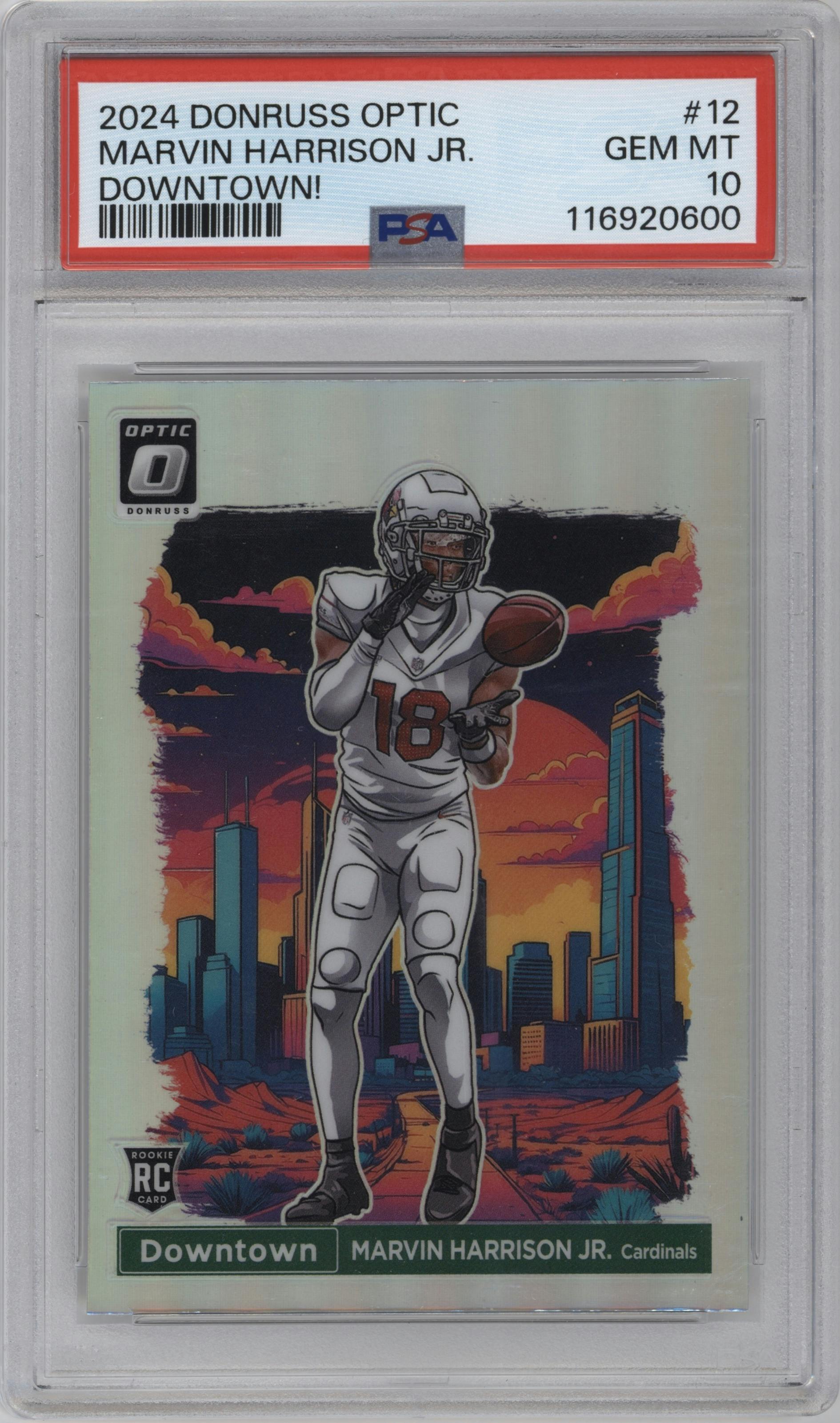 Marvin Harrison Jr. from the 2024 Donruss Optic set graded by PSA and given an overall grade of 10.