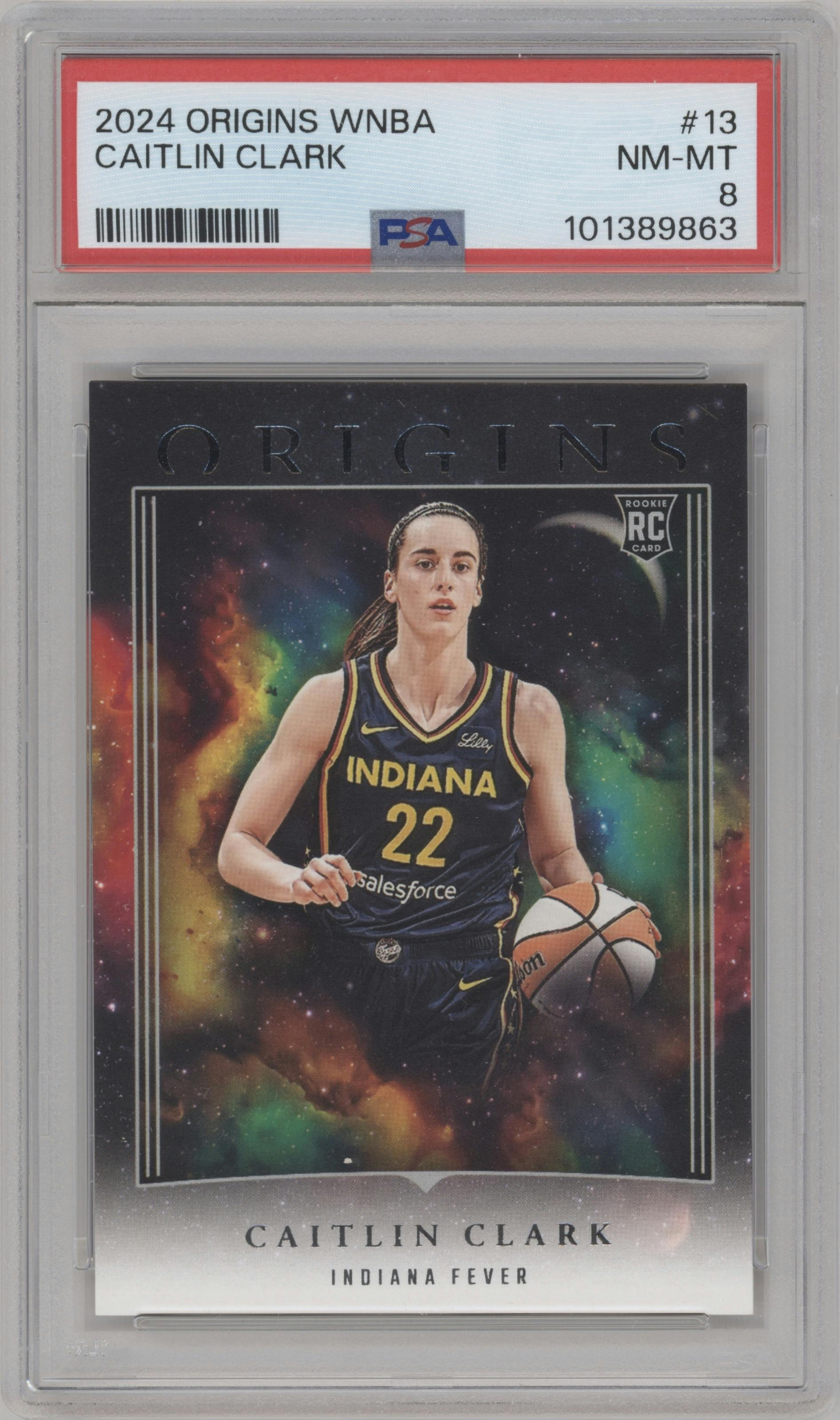 Caitlin Clark from the 2024 Panini Origins WNBA set graded by PSA and given an overall grade of 8.