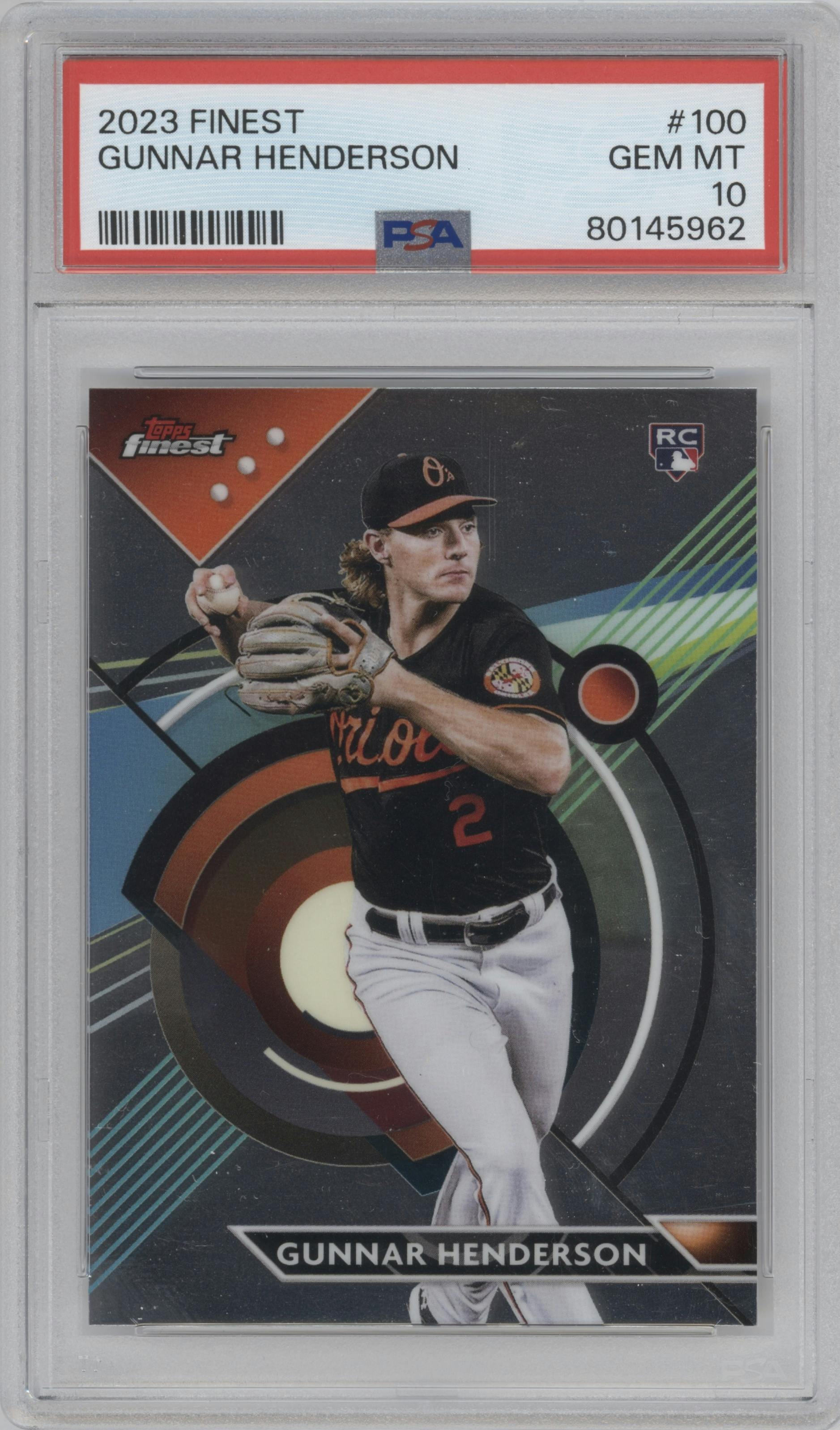 Gunnar Henderson from the 2023 Topps Finest set graded by PSA and given an overall grade of 10.