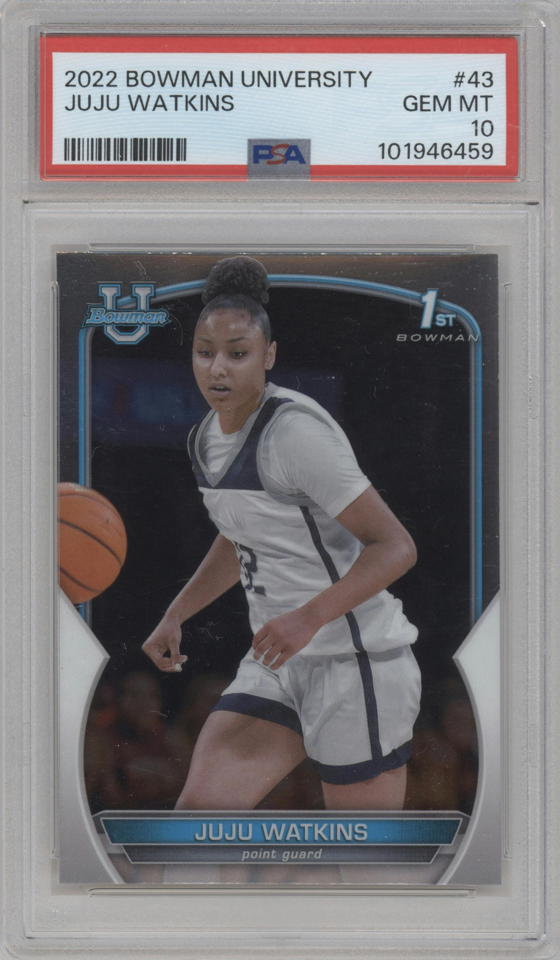Juju Watkins from the 2022-23 Bowman University Chrome set graded by PSA and given an overall grade of 10.