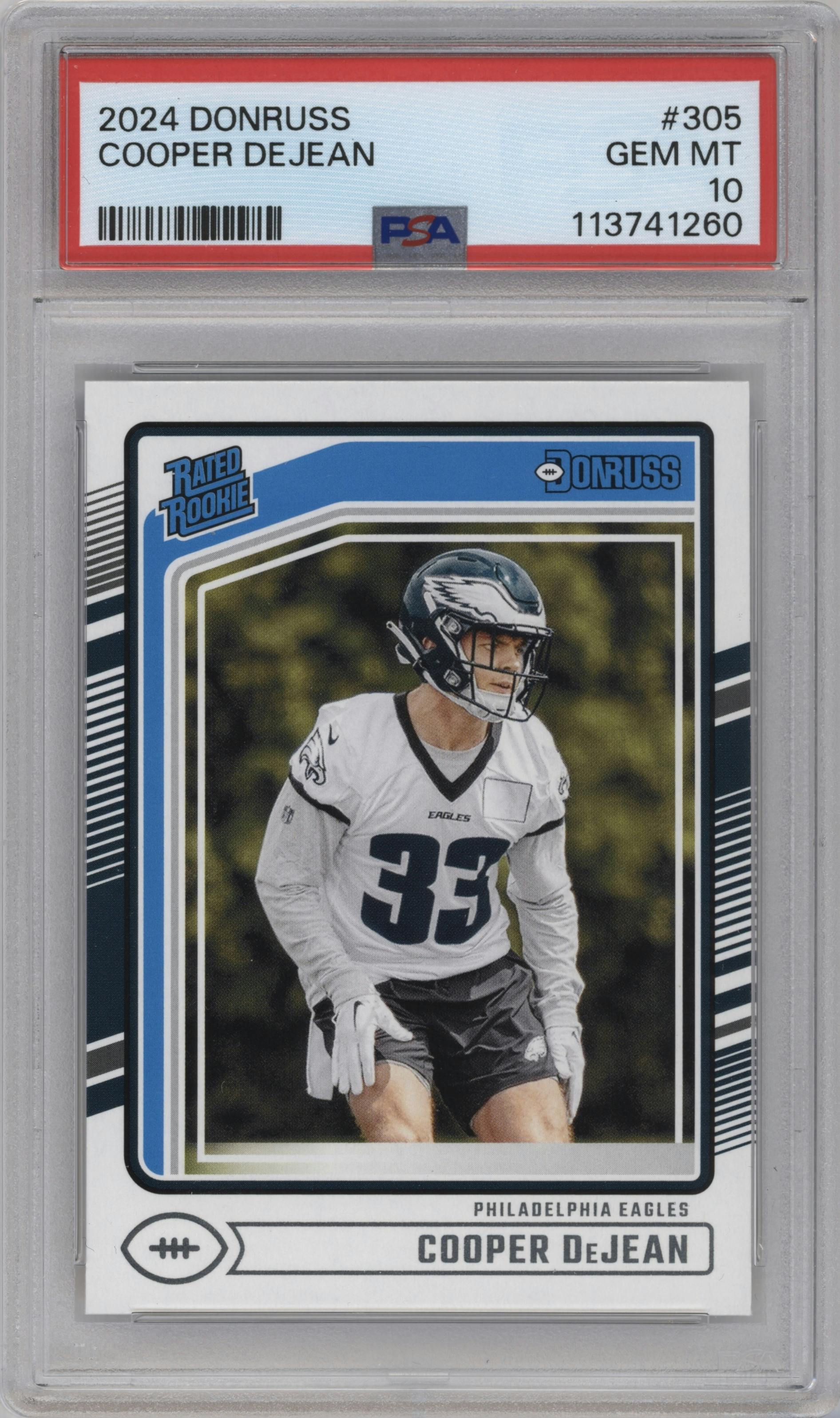 Cooper DeJean from the 2024 Donruss set graded by PSA and given an overall grade of 10.