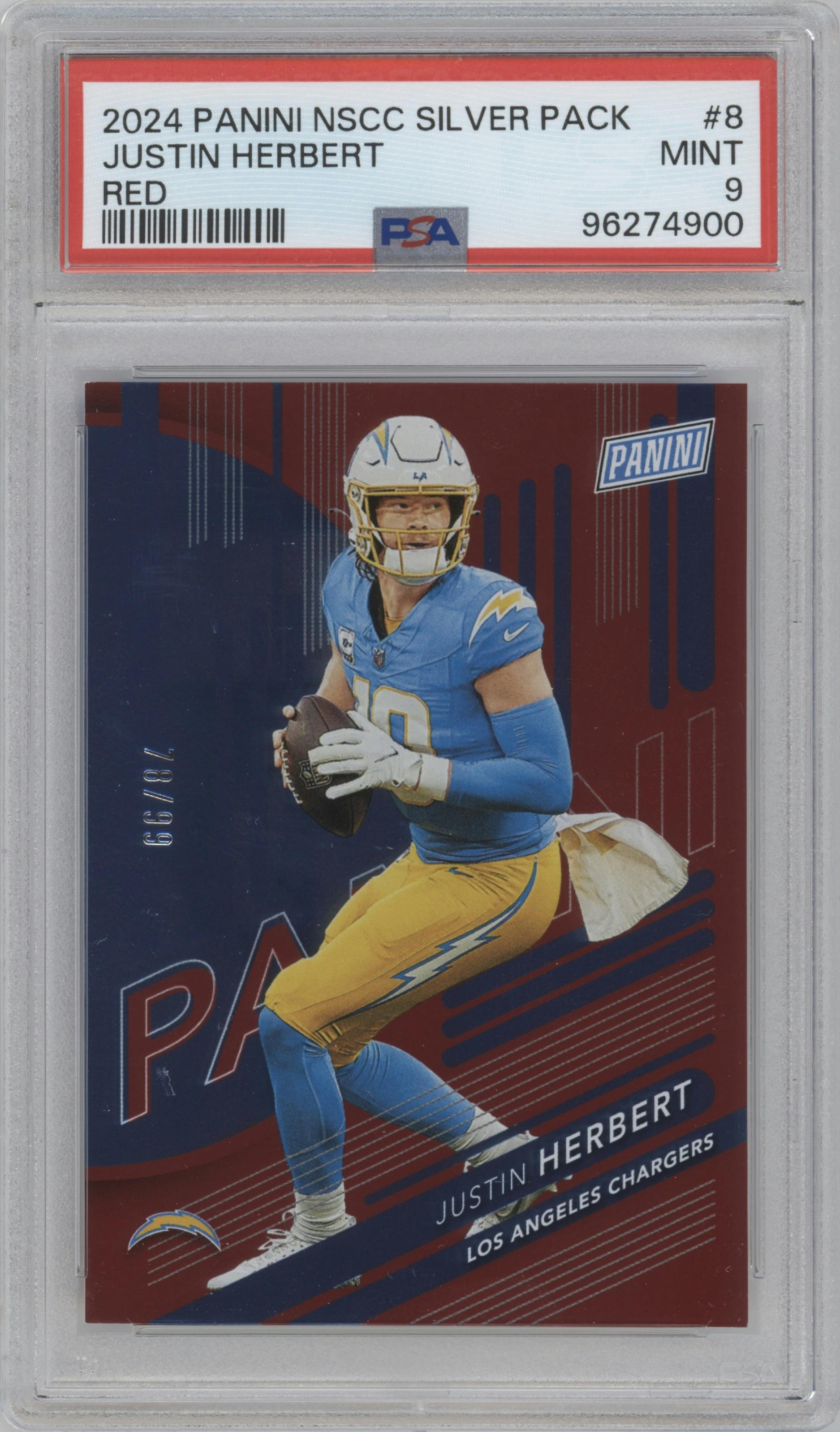 Justin Herbert from the 2024 Panini The National VIP set featuring a Red parallel graded by PSA and given an overall grade of 9.