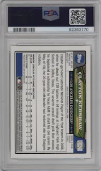 Clayton Kershaw from the 2008 Topps Updates & Highlights set graded by PSA and given an overall grade of 10.