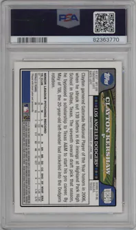 Clayton Kershaw from the 2008 Topps Updates & Highlights set graded by PSA and given an overall grade of 10.