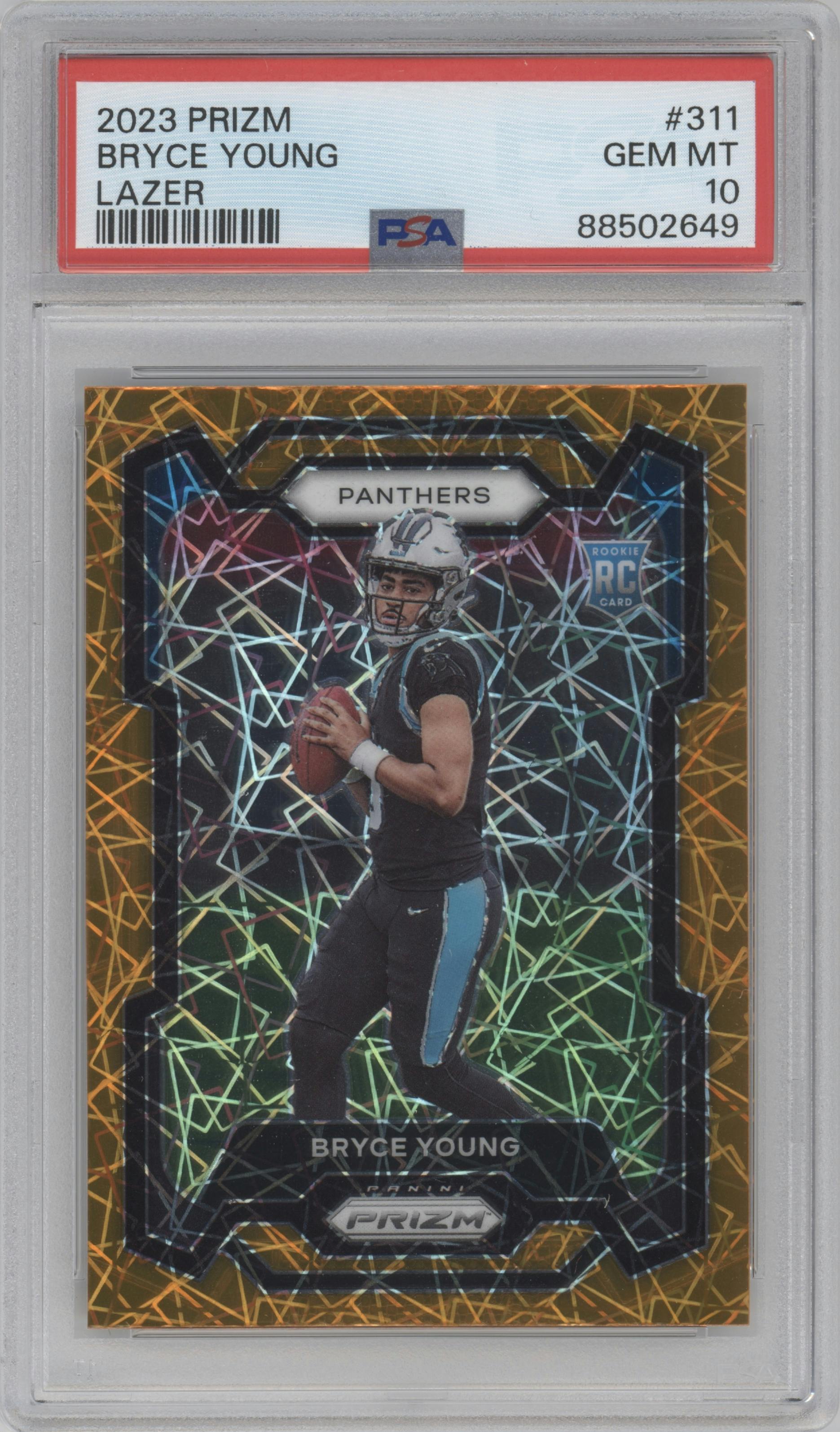 Bryce Young from the 2023 Panini Prizm set featuring a Lazer parallel graded by PSA and given an overall grade of 10.