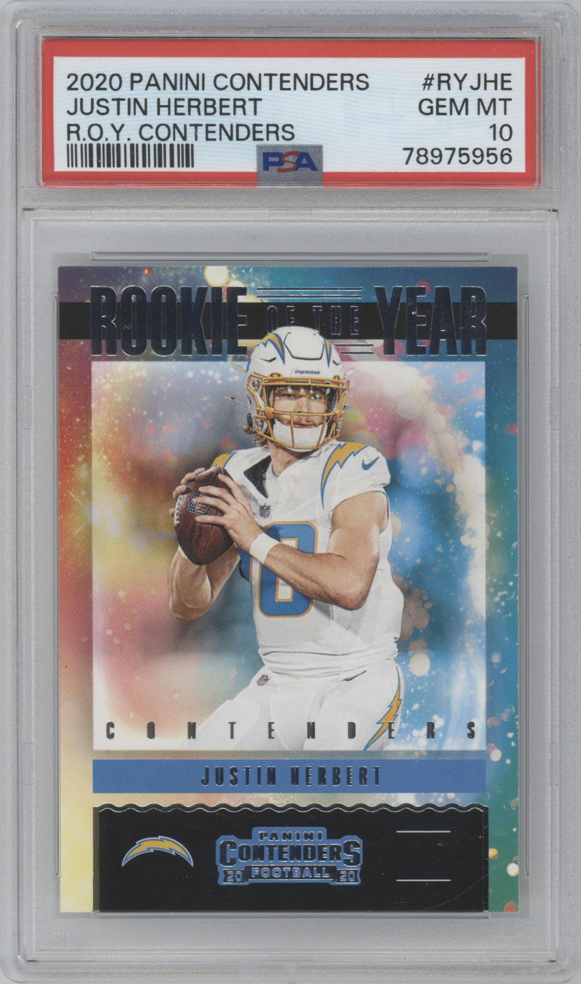 Justin Herbert from the 2020 Panini Contenders set graded by PSA and given an overall grade of 10.