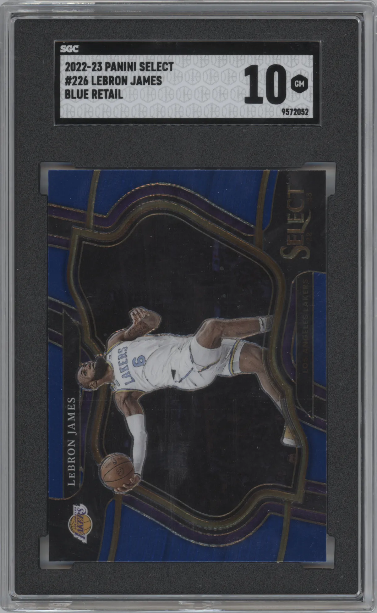  LeBron James  from the 2022-23 Panini Select set featuring a Blue Retail parallel graded by SGC and given an overall grade of 10.