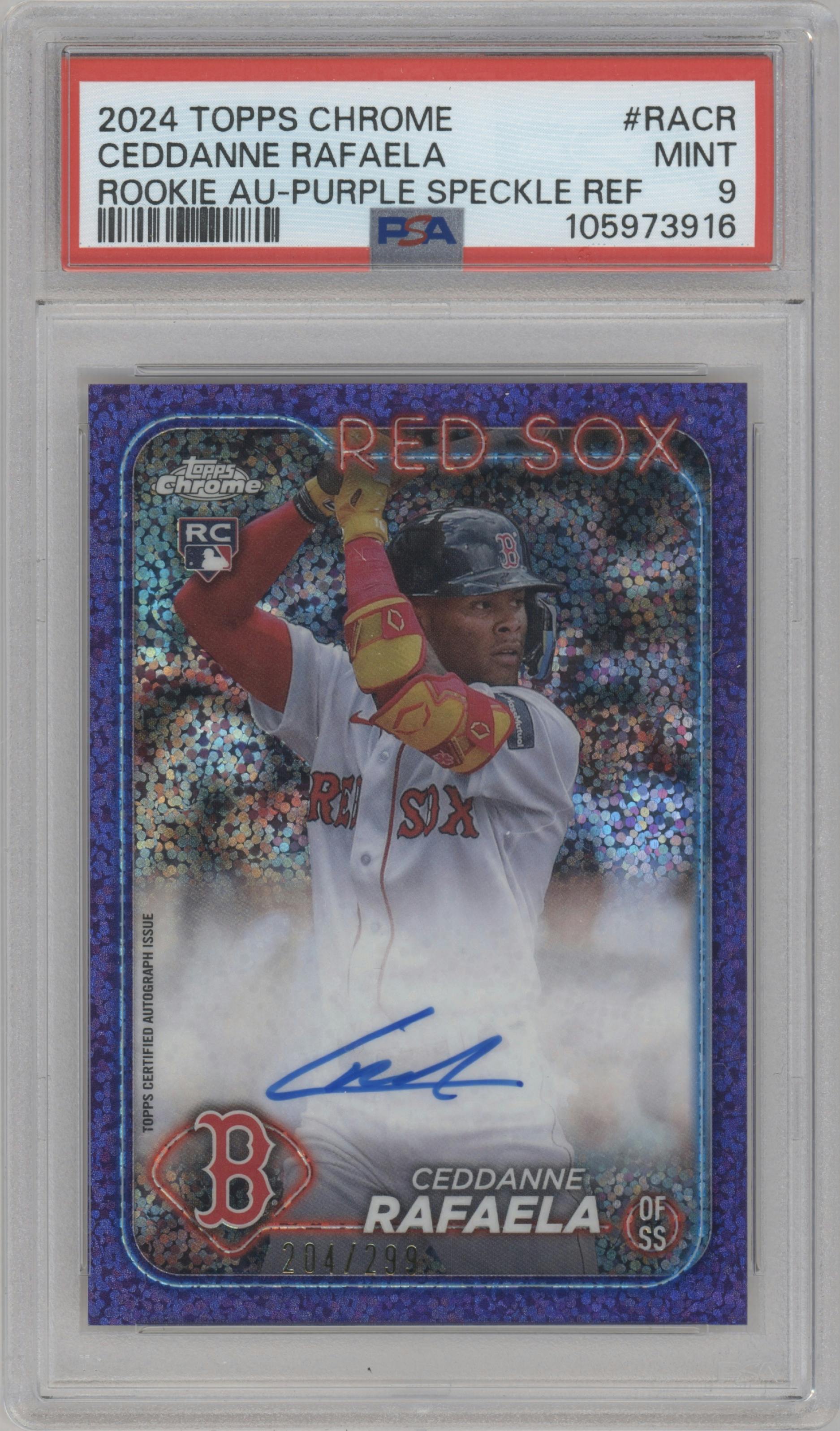 Ceddanne Rafaela from the 2024 Topps Chrome set featuring a Purple Speckle Refractor parallel graded by PSA and given an overall grade of 9.
