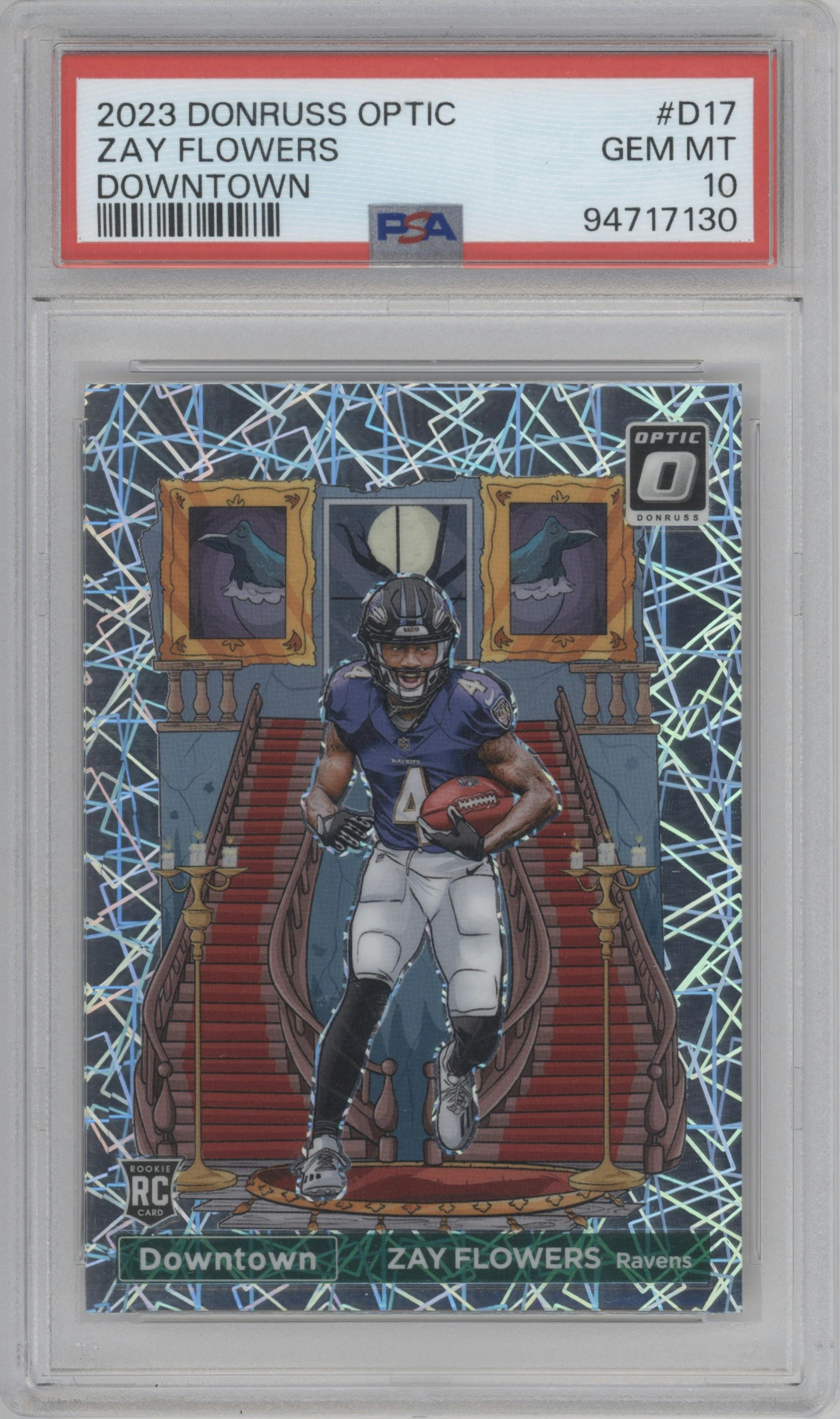 Zay Flowers from the 2023 Donruss Optic set graded by PSA and given an overall grade of 10.