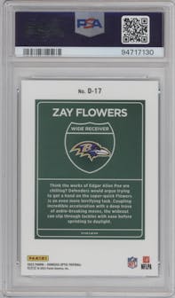 Zay Flowers from the 2023 Donruss Optic set graded by PSA and given an overall grade of 10.