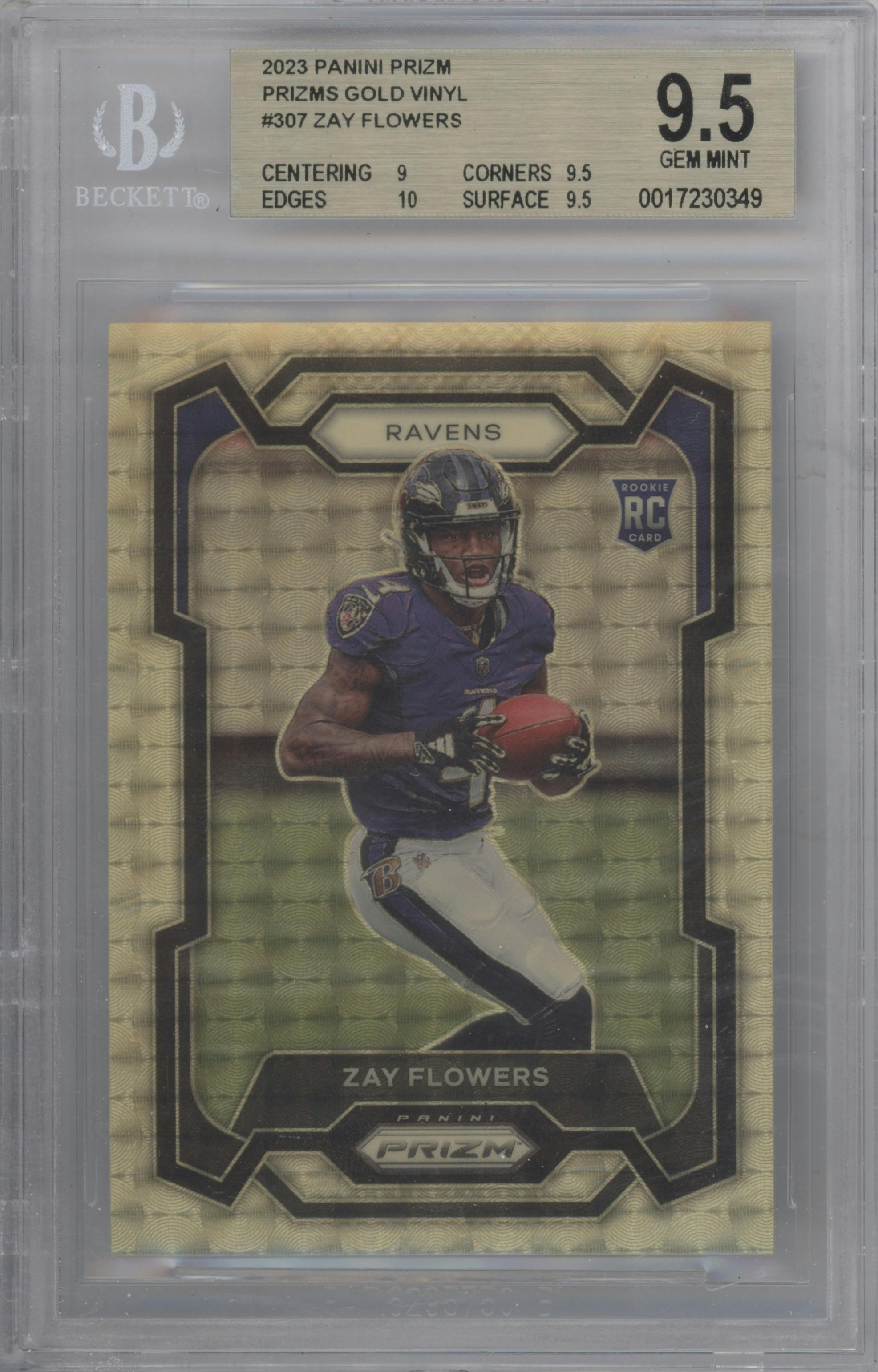 Zay Flowers  from the 2023 Panini Prizm set featuring a Gold Vinyl parallel graded by Beckett and given an overall grade of 9.5.